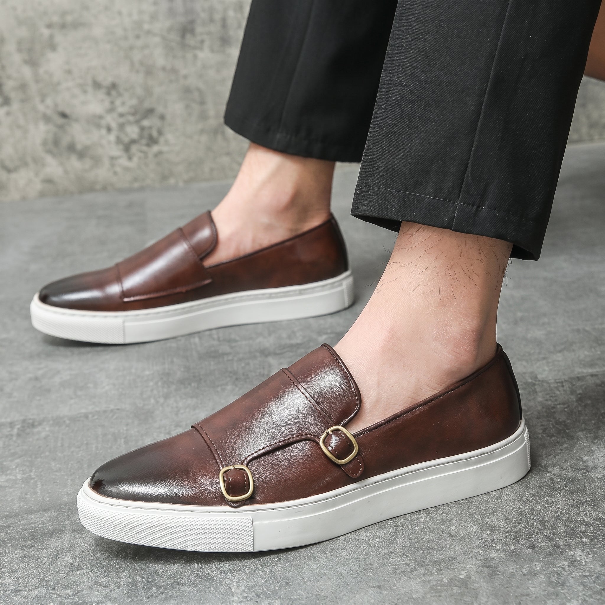 Jonas - Men's Casual Slip-On Double Monk Strap Trainers - Shoes men - Dark Brown - Taylor & Bennett