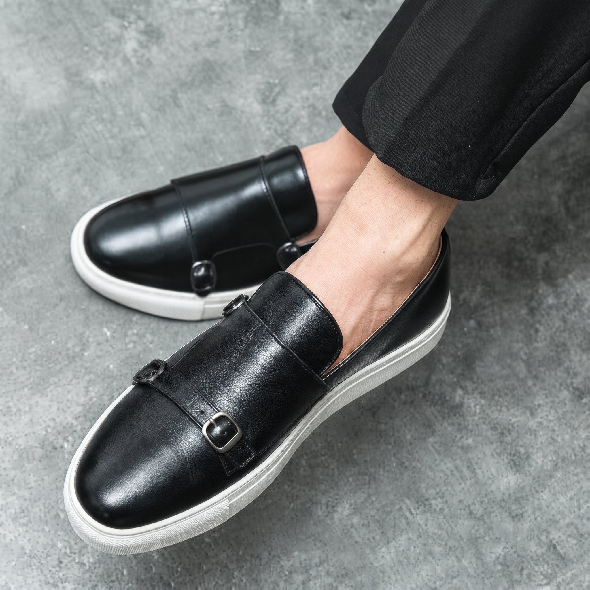 Jonas - Men's Casual Slip-On Double Monk Strap Trainers - Shoes men - Black - Taylor & Bennett
