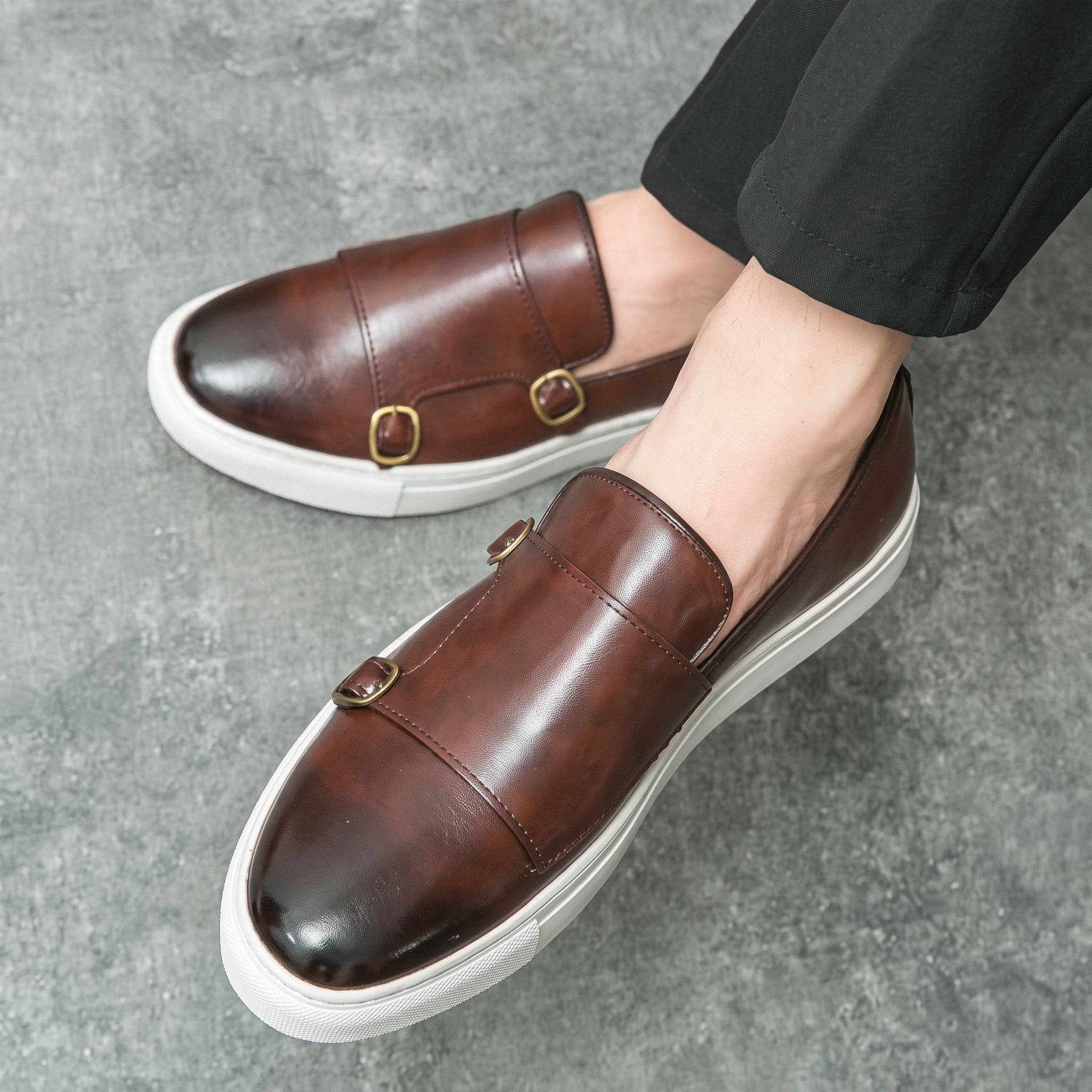 Jonas - Men's Casual Slip-On Double Monk Strap Trainers - Shoes men - Dark Brown - Taylor & Bennett