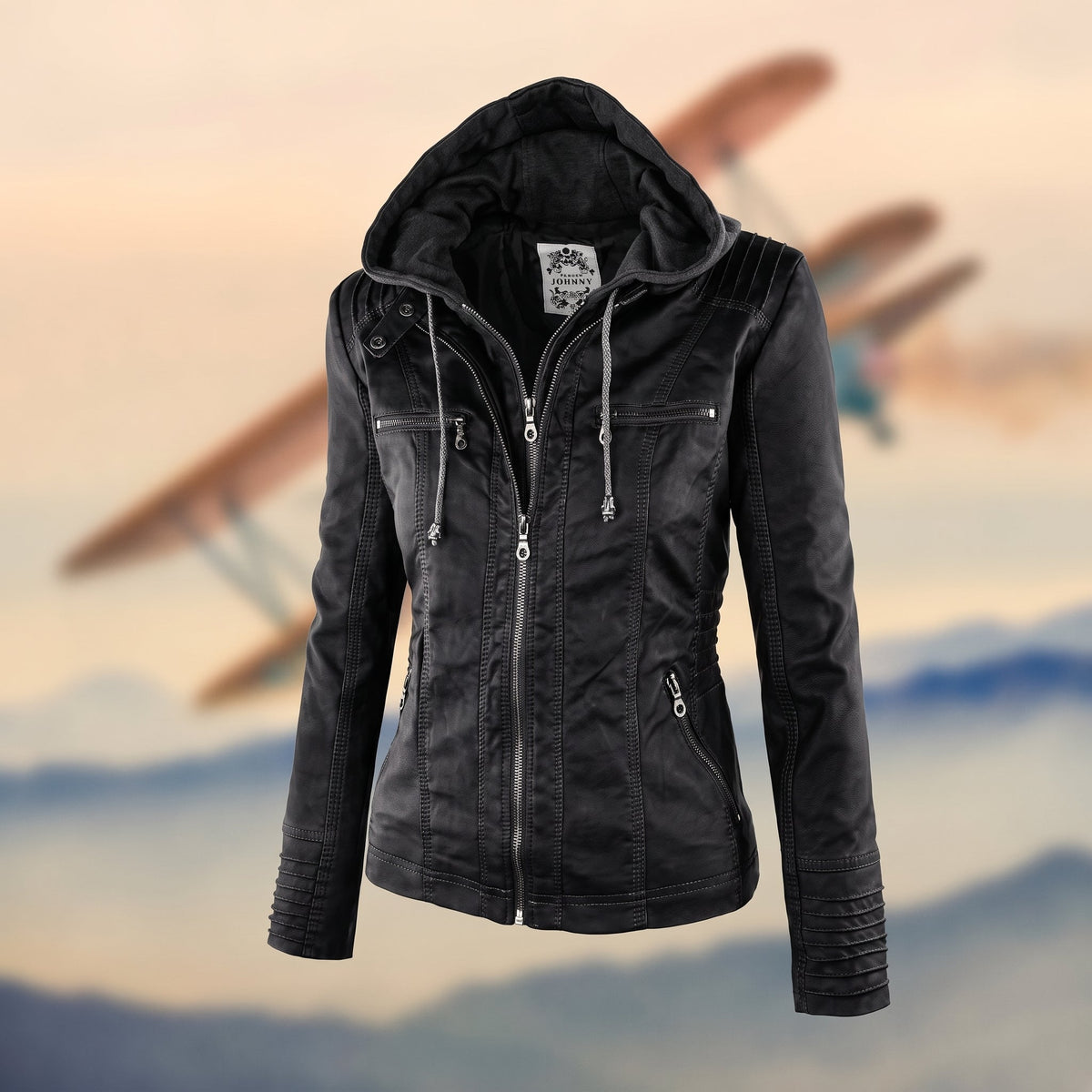 Karolina - Women's Hooded Fitted Moto Jacket with Zip Pockets - Motorcycle Outerwear - Black - Taylor & Bennett