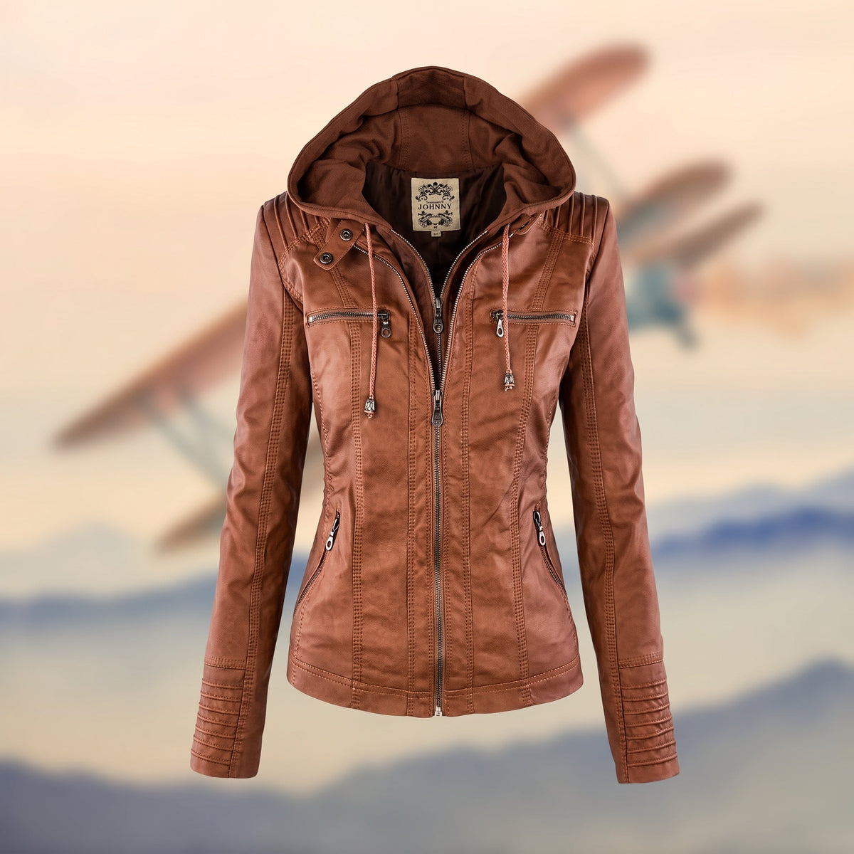 Karolina - Women's Hooded Fitted Moto Jacket with Zip Pockets - Motorcycle Outerwear - Brown - Taylor & Bennett