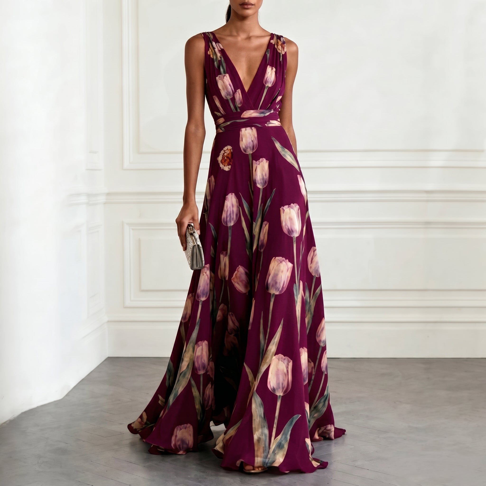 Klara - Women's Bridesmaid Floral Wrap Maxi Dress - Maxi Dress - Burgundy - Taylor & Bennett