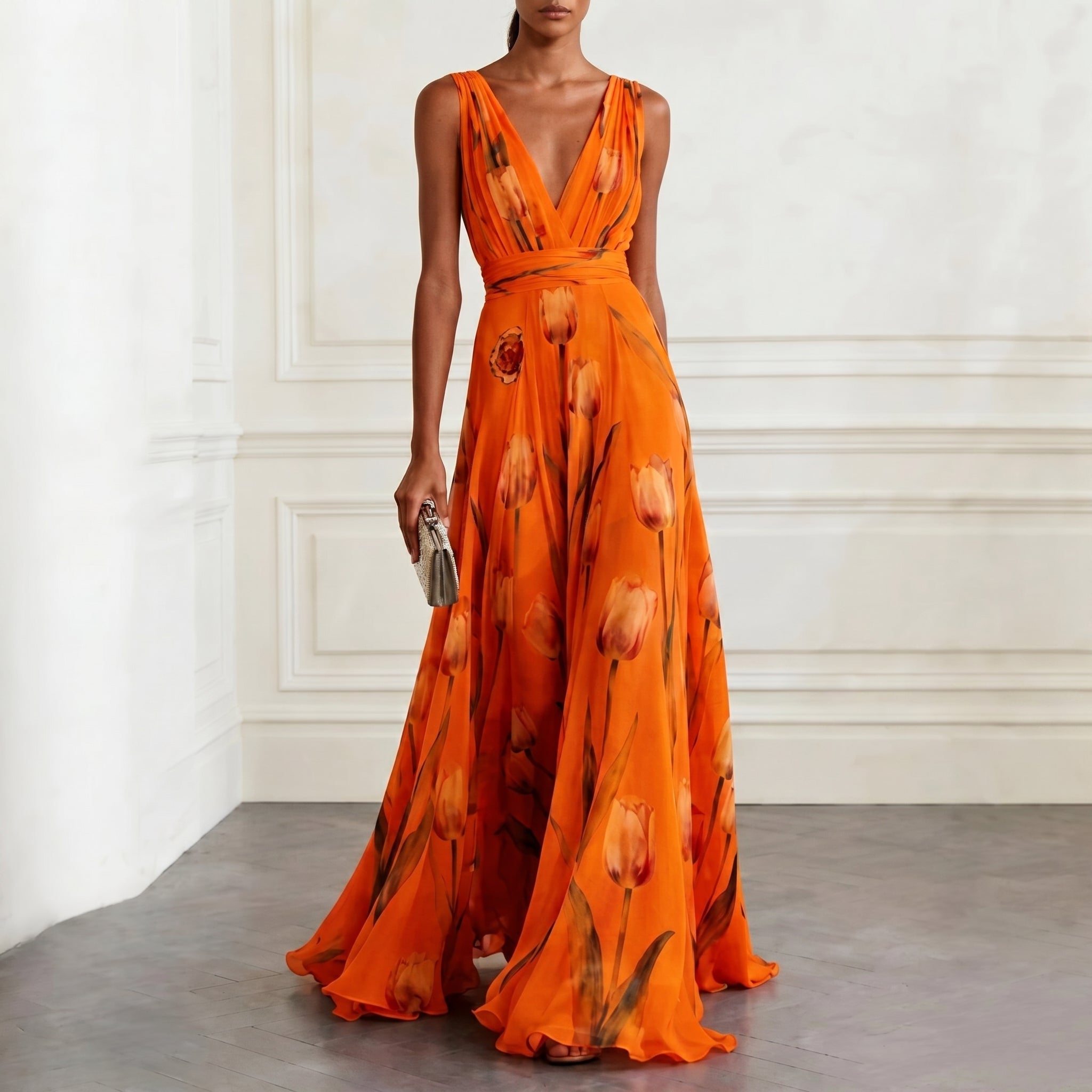 Klara - Women's Bridesmaid Floral Wrap Maxi Dress - Maxi Dress - Orange - Taylor & Bennett