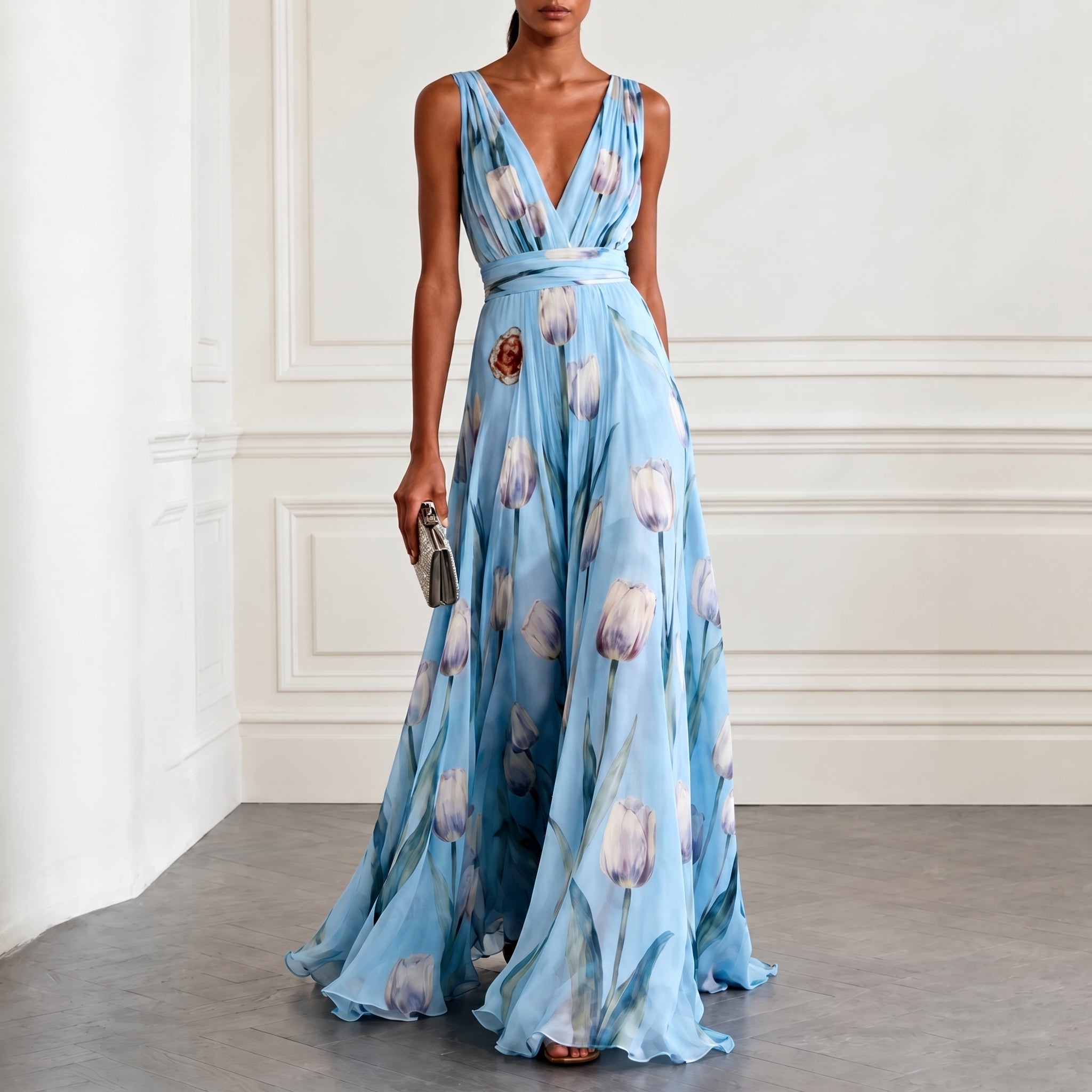 Klara - Women's Bridesmaid Floral Wrap Maxi Dress - Maxi Dress - Sky Blue - Taylor & Bennett