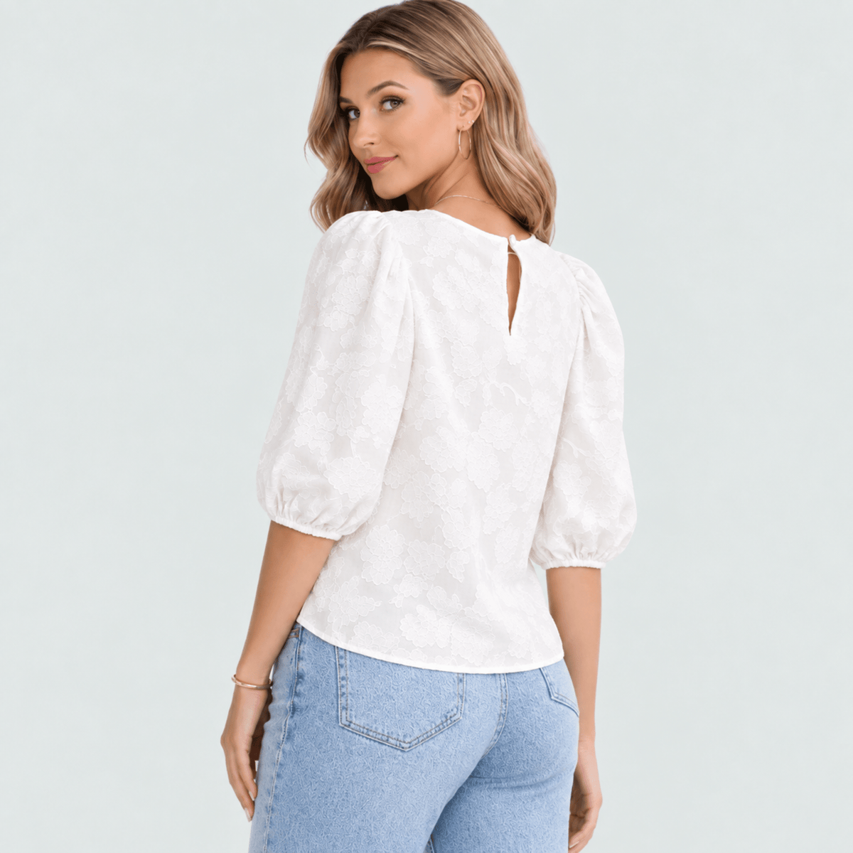 Klara - Women's Floral Puff Sleeve Blouse with Round Neck - Blouses - White - Taylor & Bennett