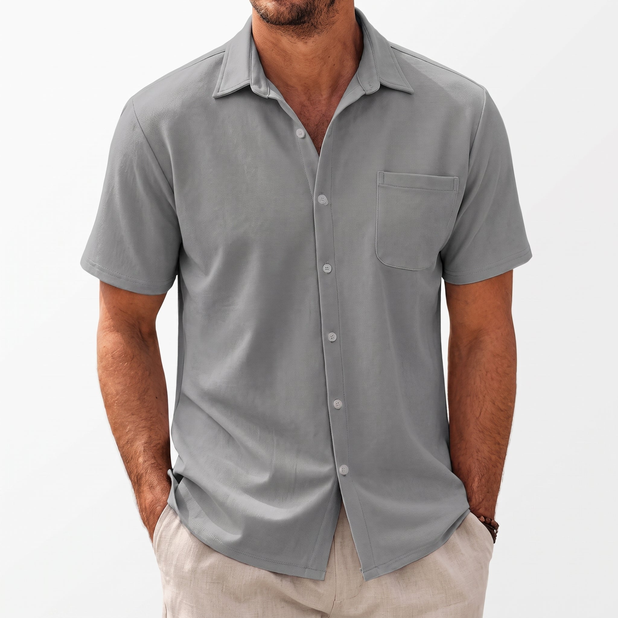 Kurt – Men's Summer Straight Collar Short Sleeve Shirt - Shirts - Light Grey - Taylor & Bennett