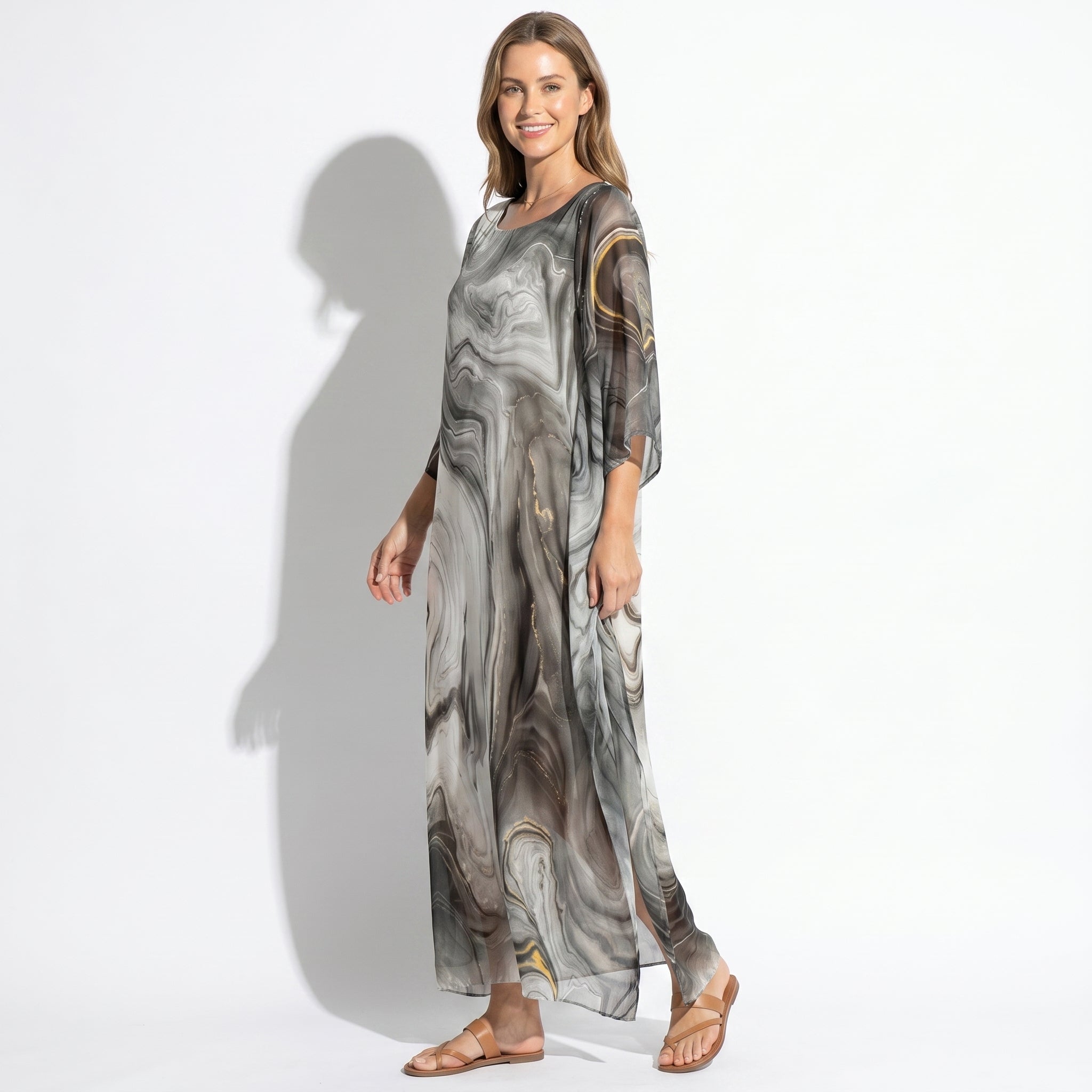 Lara - Women's Relaxed Fit Summer Marble Print Maxi Dress - Maxi Dress - Grey - Taylor & Bennett