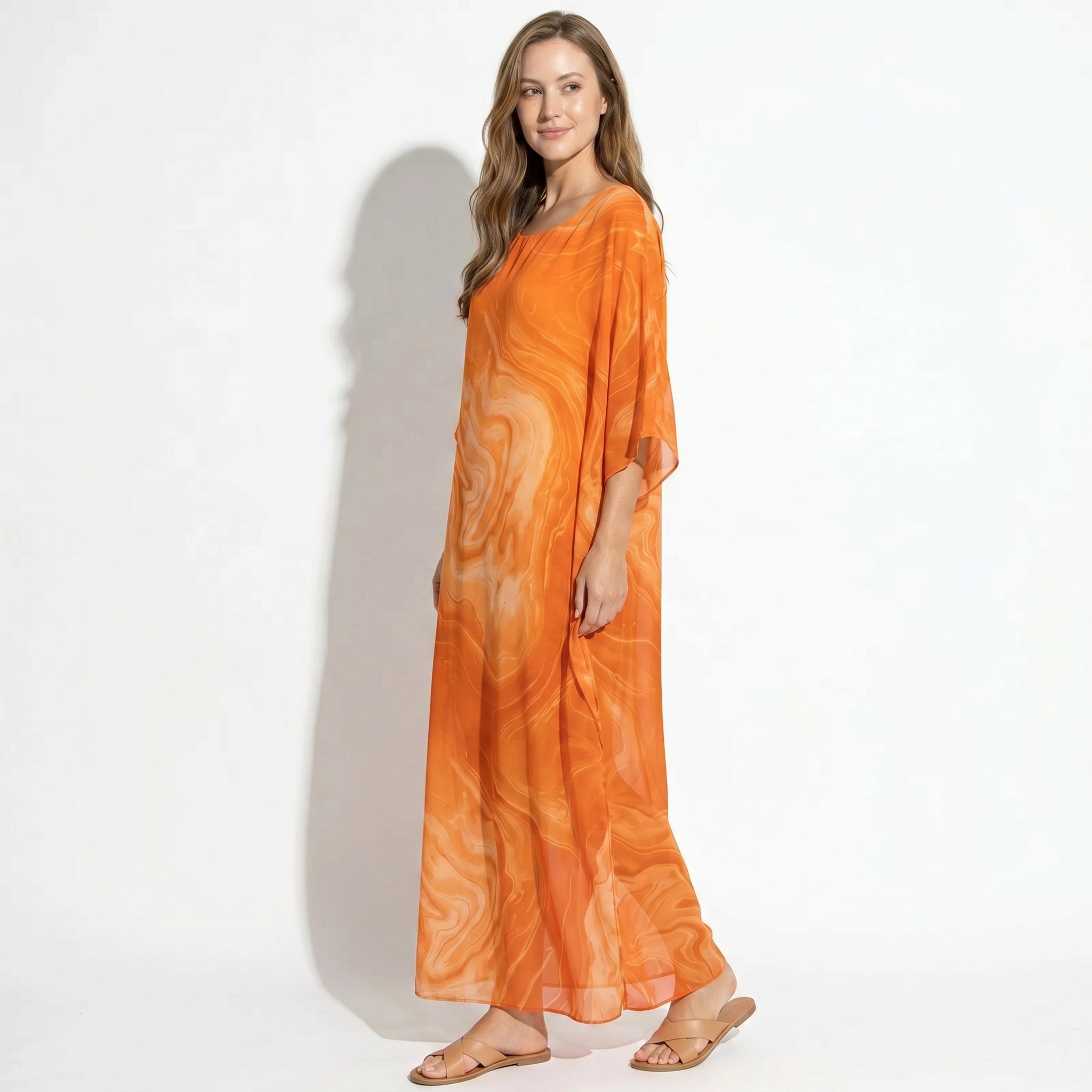 Lara - Women's Relaxed Fit Summer Marble Print Maxi Dress - Maxi Dress - Orange - Taylor & Bennett