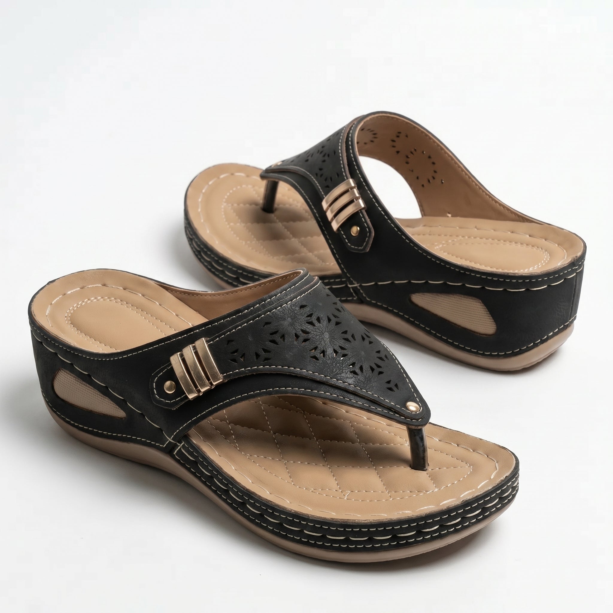 Layla - Women's Wedge Sandals with Cut - Out Detail - Sandal - Black - Taylor & Bennett