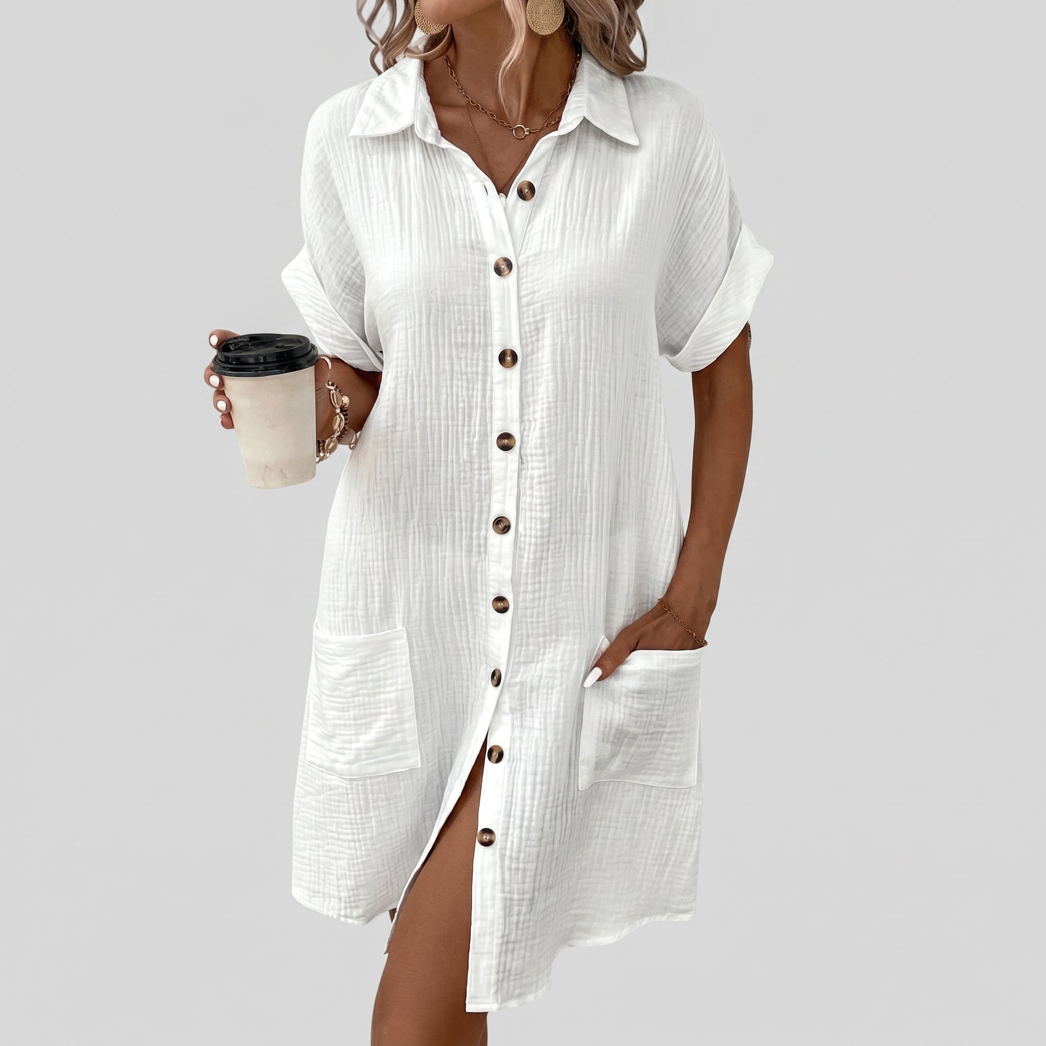 Lena - Women's Summer Button-Down Mini Shirt Dress - Dresses - White - Taylor & Bennett