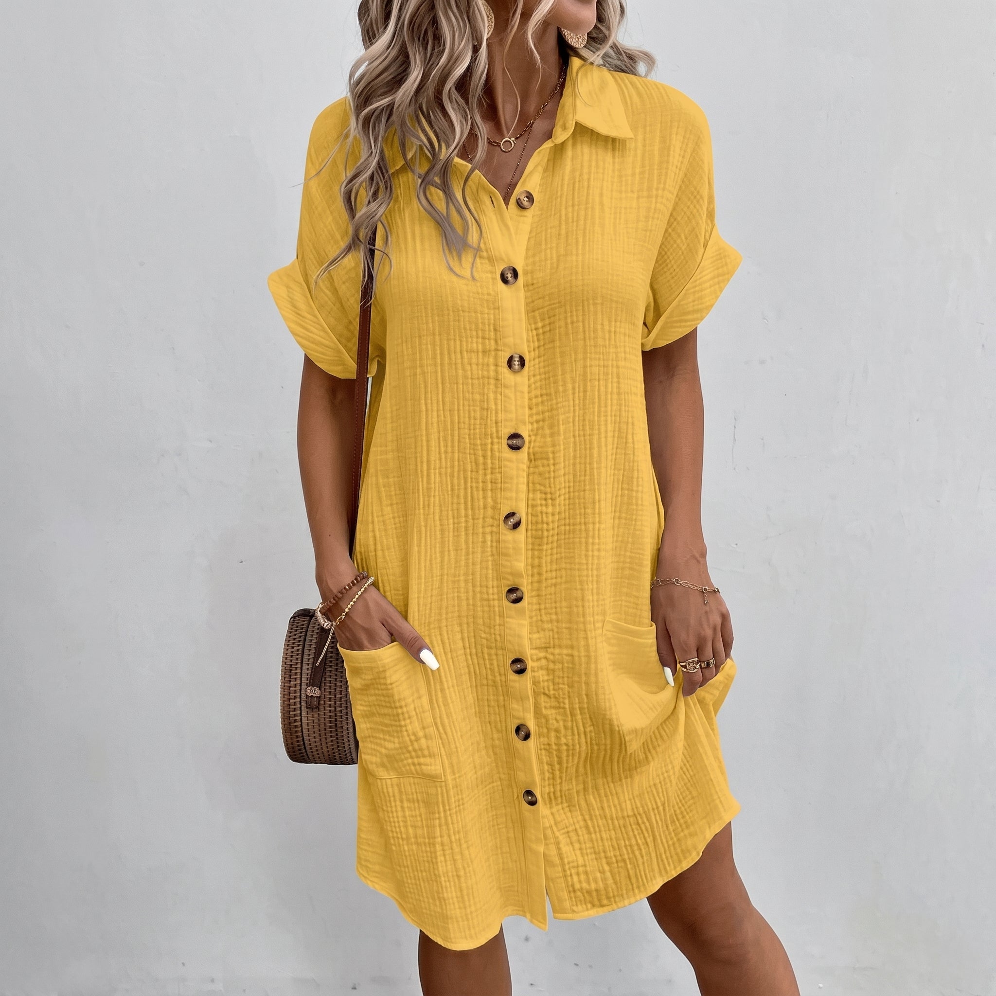 Lena - Women's Summer Button-Down Mini Shirt Dress - Dresses - Yellow - Taylor & Bennett