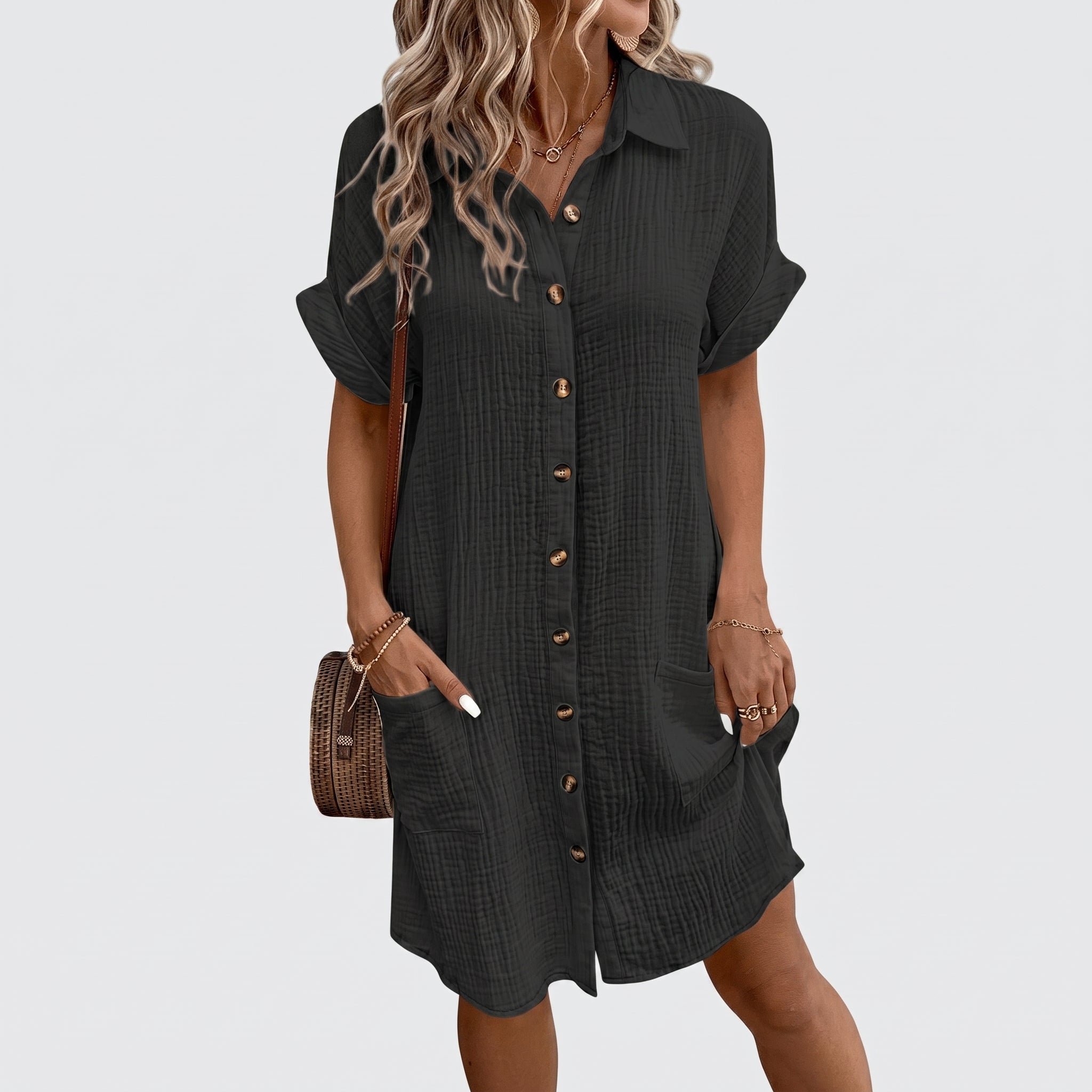 Lena - Women's Summer Button-Down Mini Shirt Dress - Dresses - Black - Taylor & Bennett
