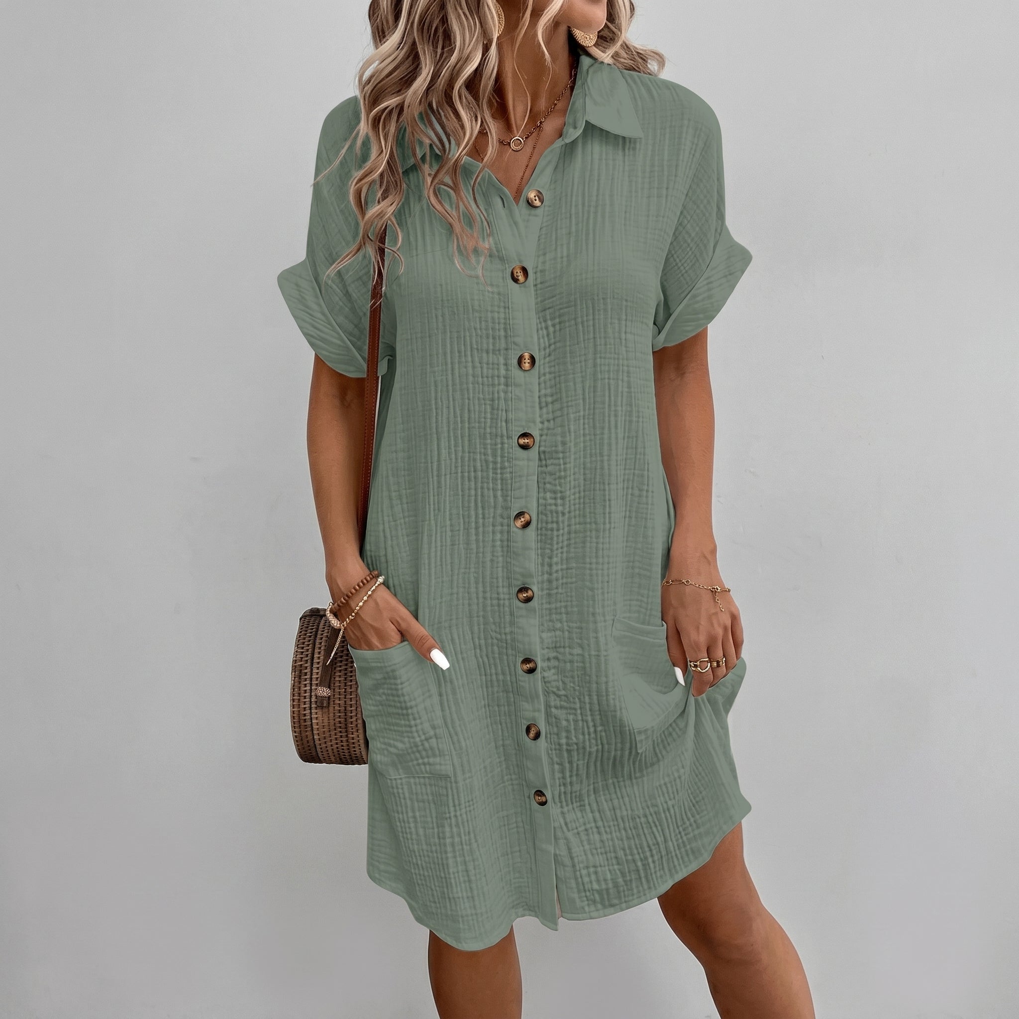 Lena - Women's Summer Button-Down Mini Shirt Dress - Dresses - Green - Taylor & Bennett