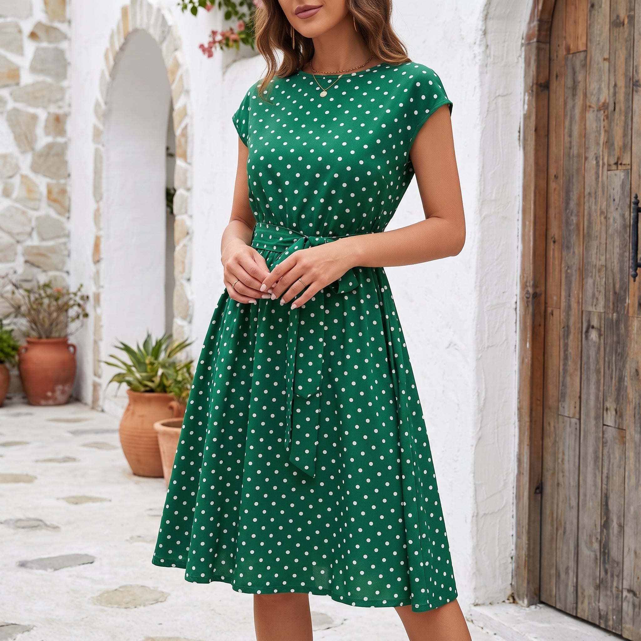 Lena - Women's Summer Polka Dot Belted Midi Dress - Dresses - Green - Taylor & Bennett