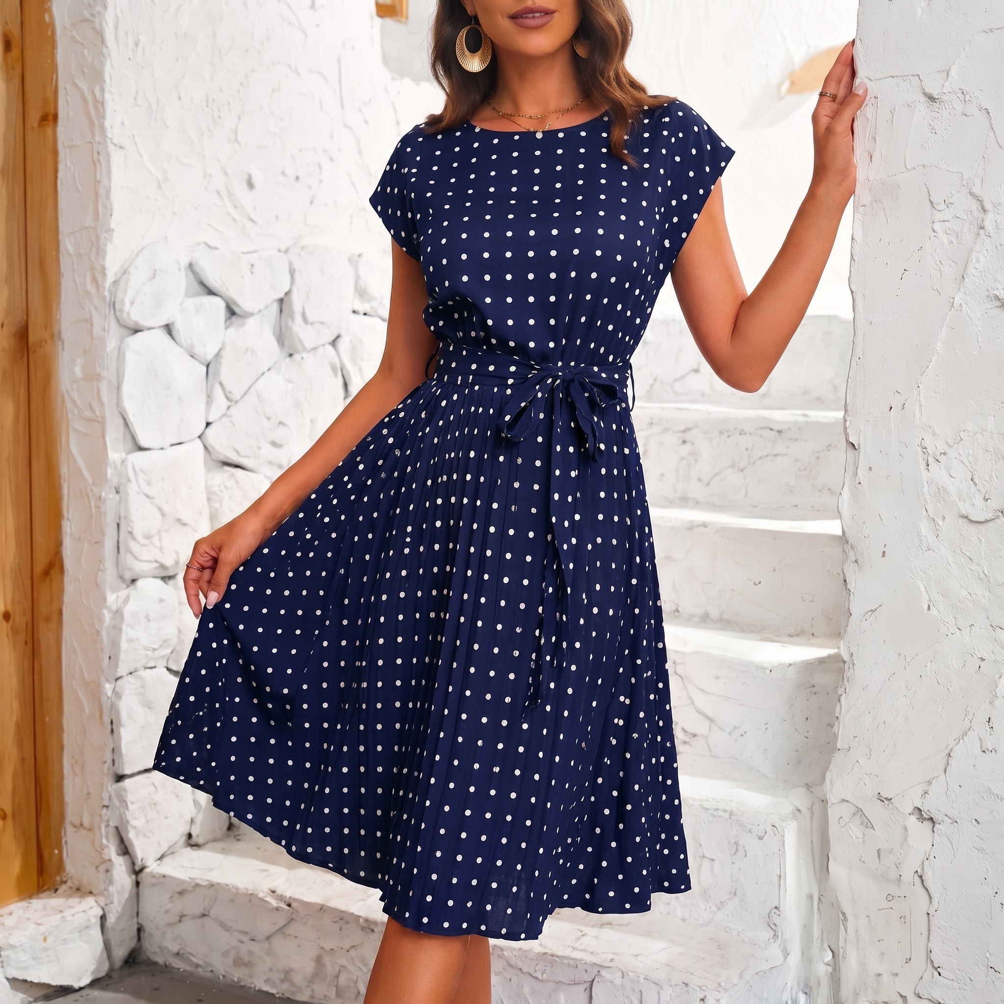 Lena - Women's Summer Polka Dot Belted Midi Dress - Dresses - Blue - Taylor & Bennett