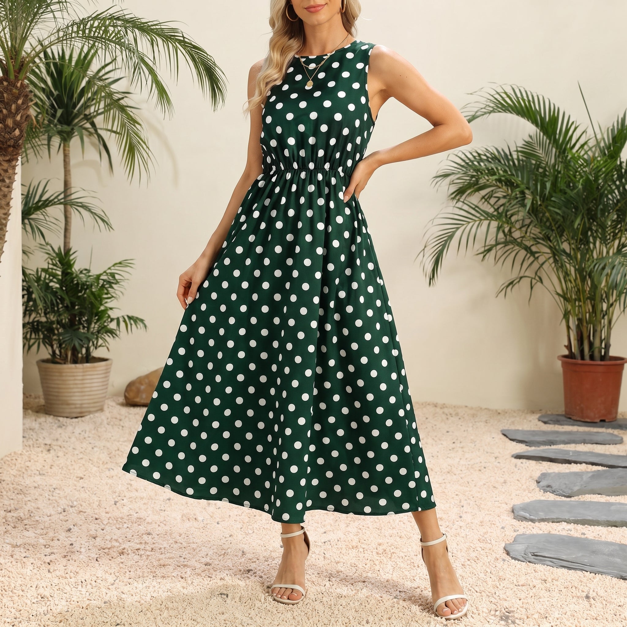 Lena - Women's Summer Sleeveless Polka Dot Maxi Dress - Dresses - Green - Taylor & Bennett