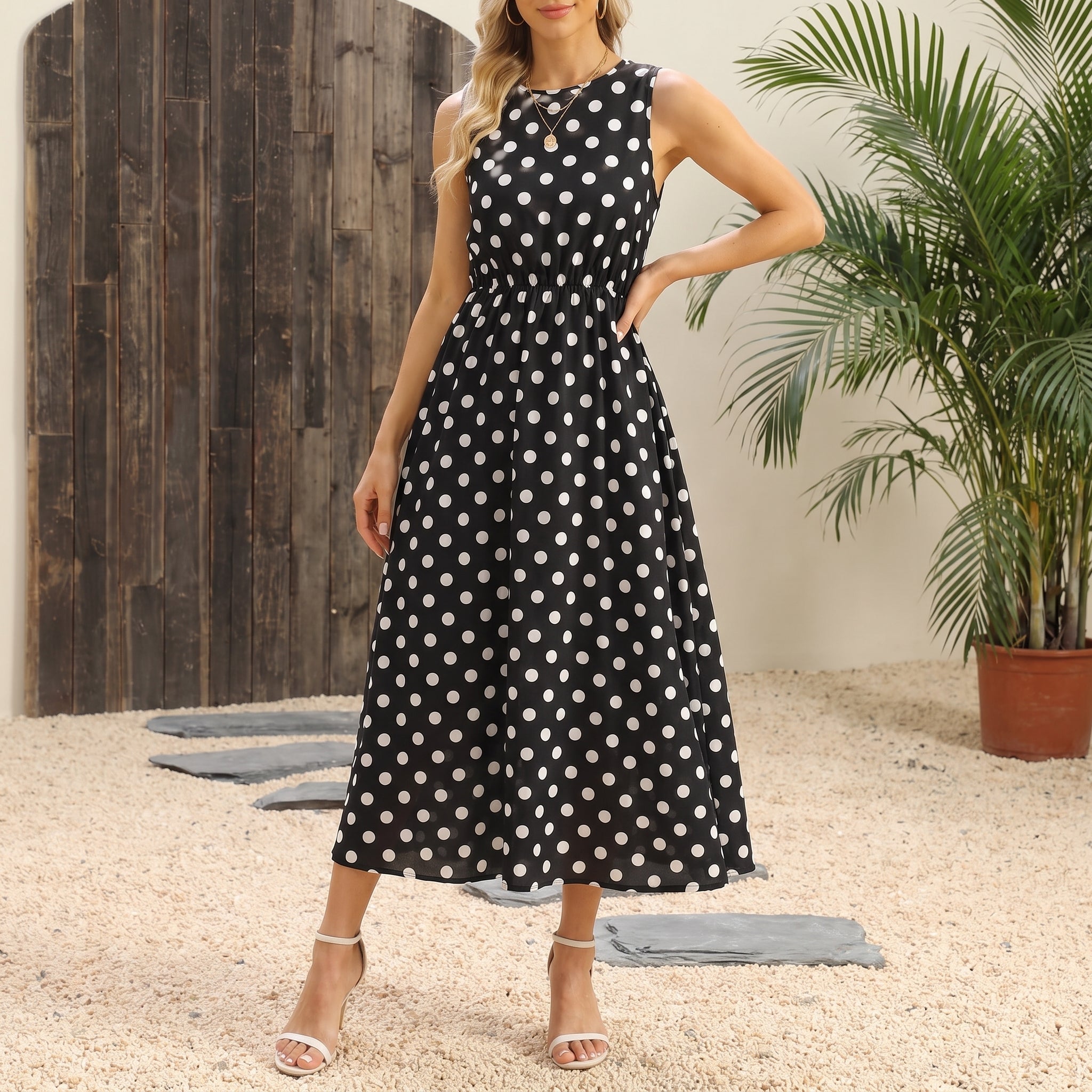 Lena - Women's Summer Sleeveless Polka Dot Maxi Dress - Dresses - Black - Taylor & Bennett