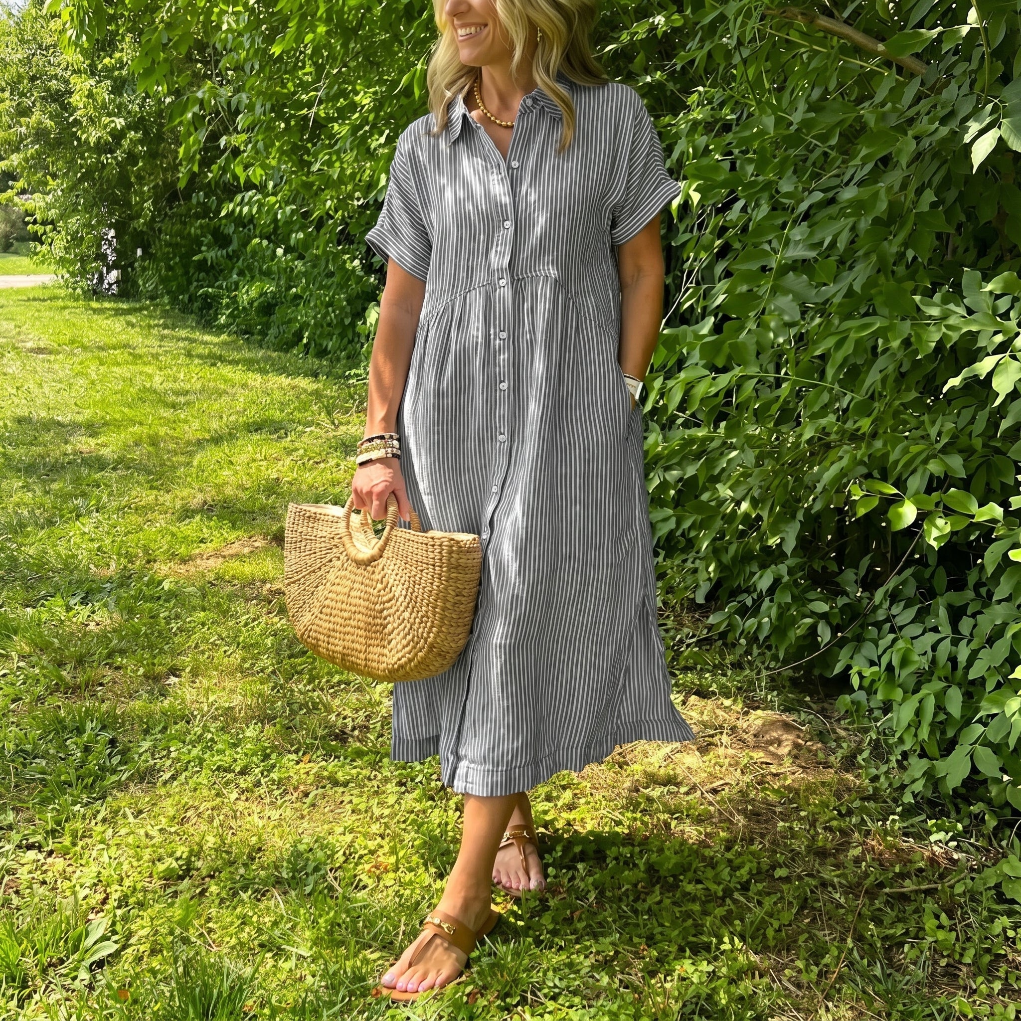 Lena - Women's Summer Striped Button-Down Midi Shirt Dress - Midi Dress - Grey - Taylor & Bennett