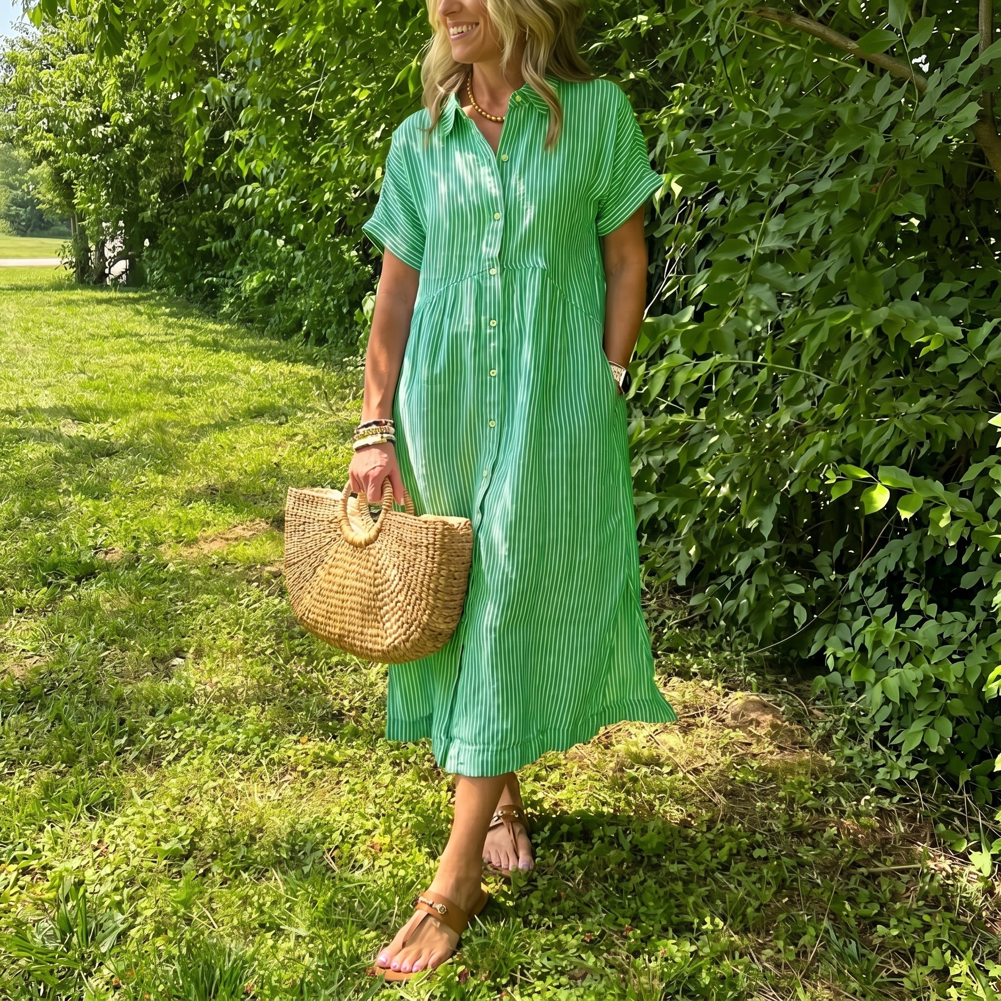 Lena - Women's Summer Striped Button-Down Midi Shirt Dress - Midi Dress - Green - Taylor & Bennett