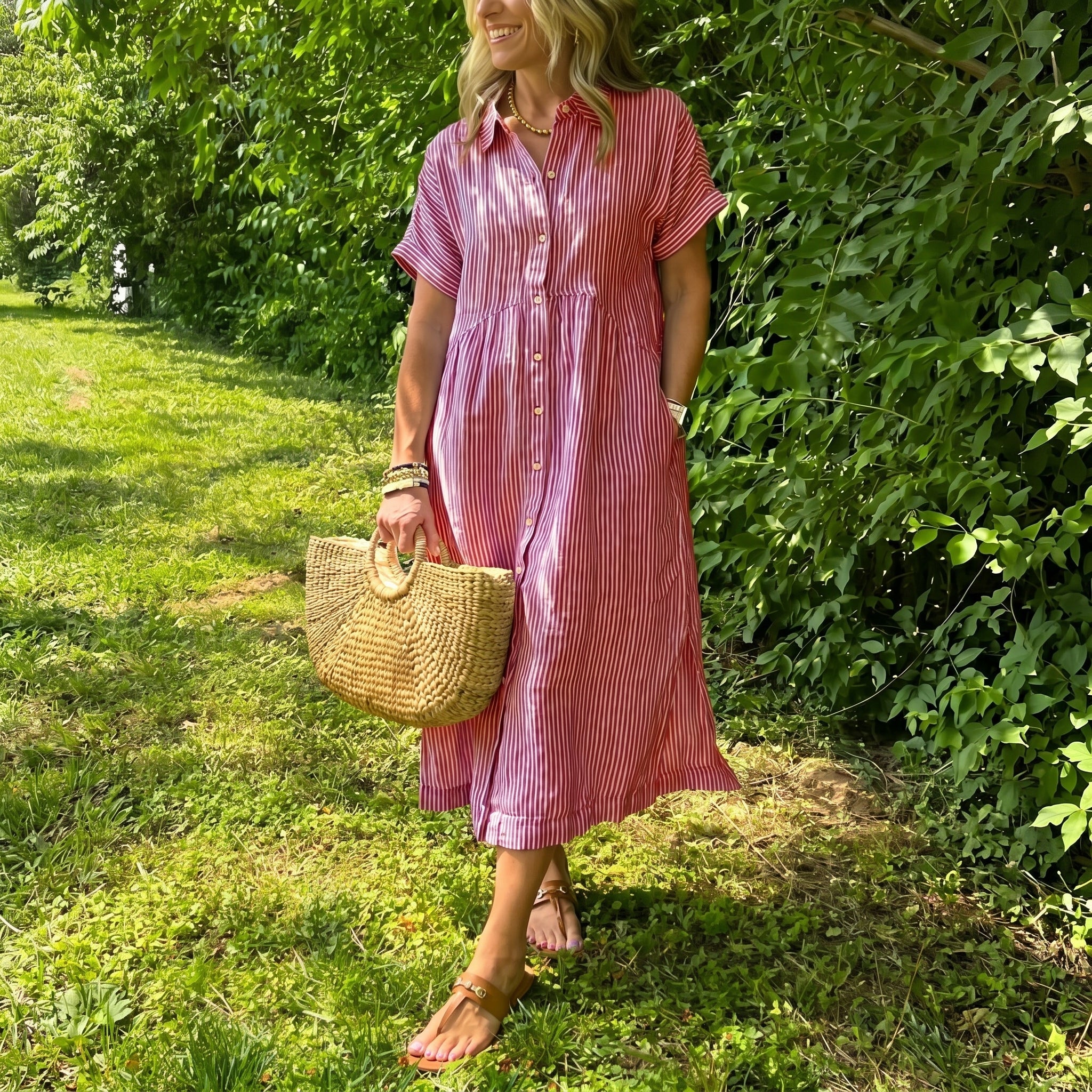 Lena - Women's Summer Striped Button-Down Midi Shirt Dress - Midi Dress - Red - Taylor & Bennett