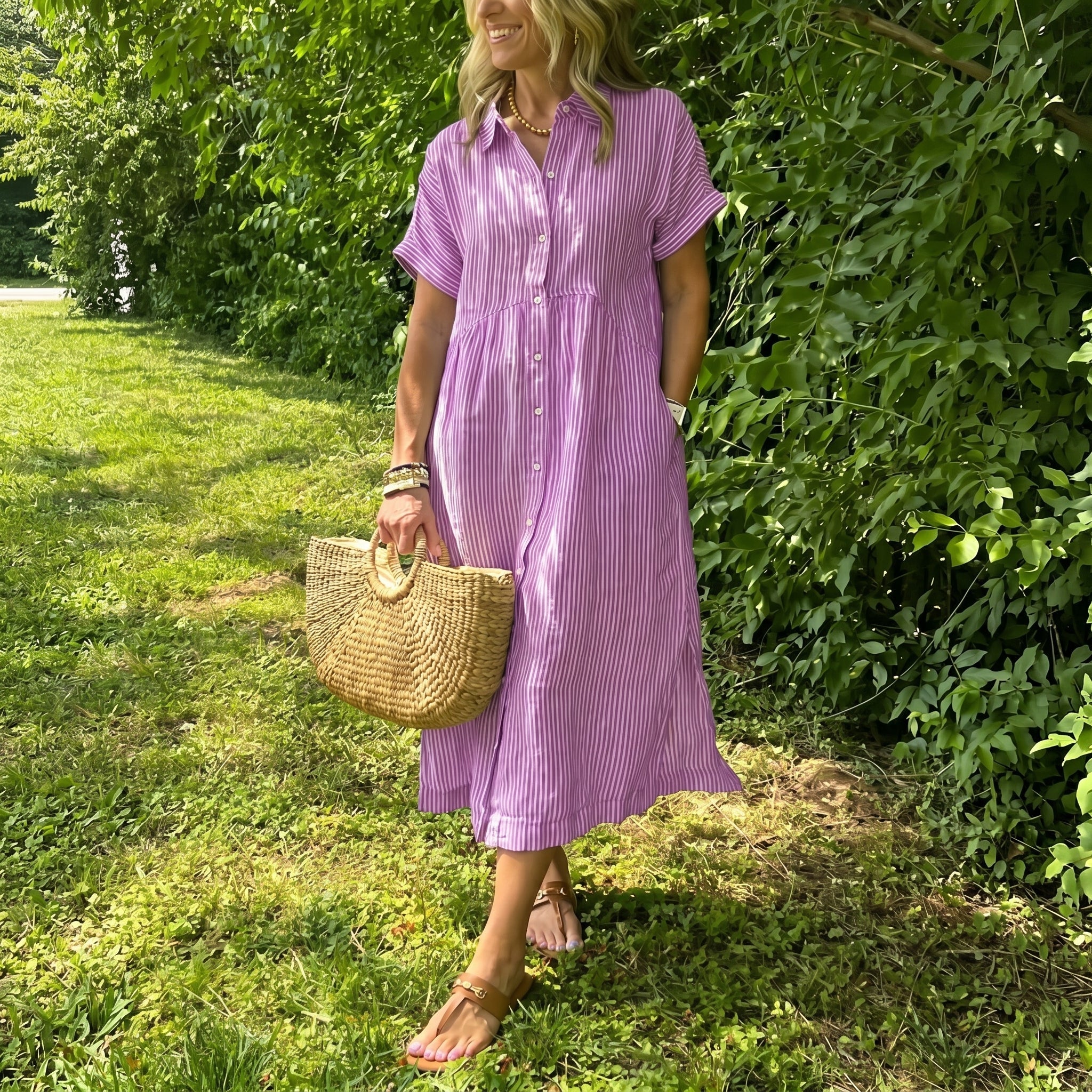 Lena - Women's Summer Striped Button-Down Midi Shirt Dress - Midi Dress - Pink - Taylor & Bennett