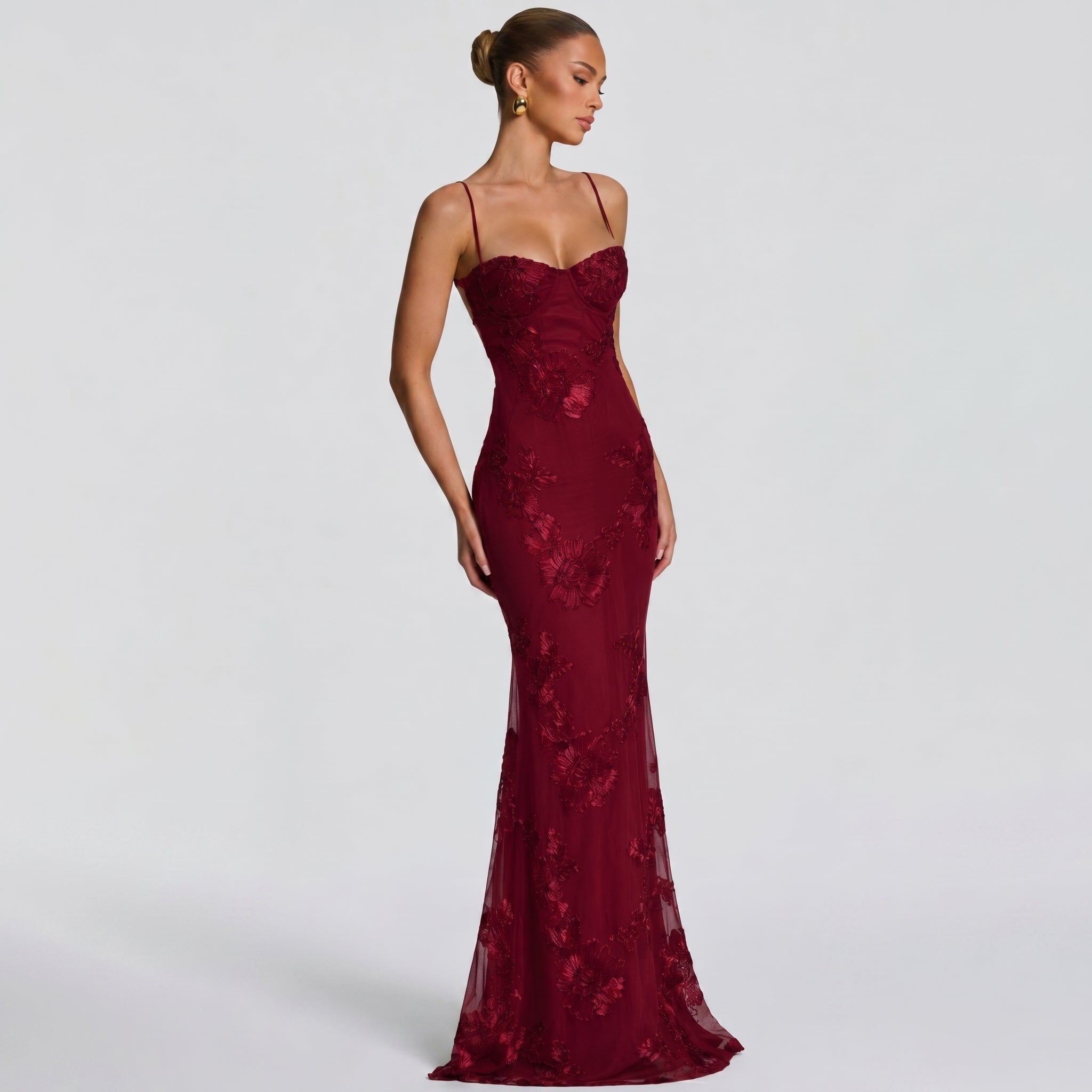 Lena - Women's Wedding Guest Floral Sequin Maxi Dress - Maxi Dress - Burgundy - Taylor & Bennett