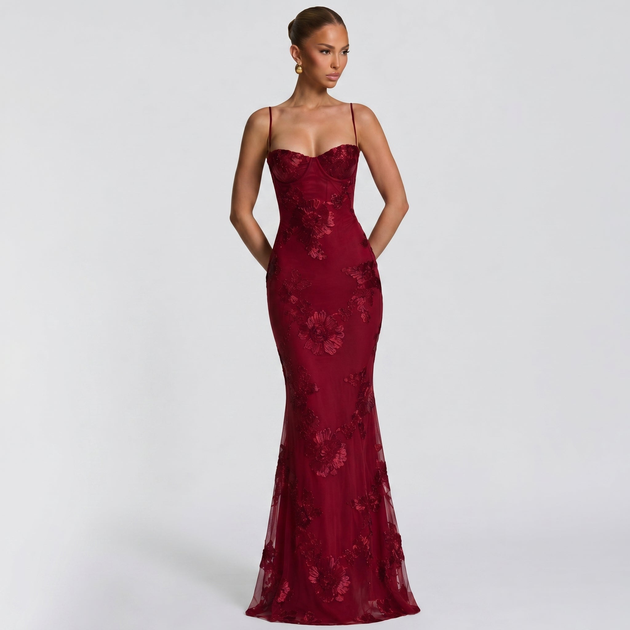 Lena - Women's Wedding Guest Floral Sequin Maxi Dress - Maxi Dress - Burgundy - Taylor & Bennett
