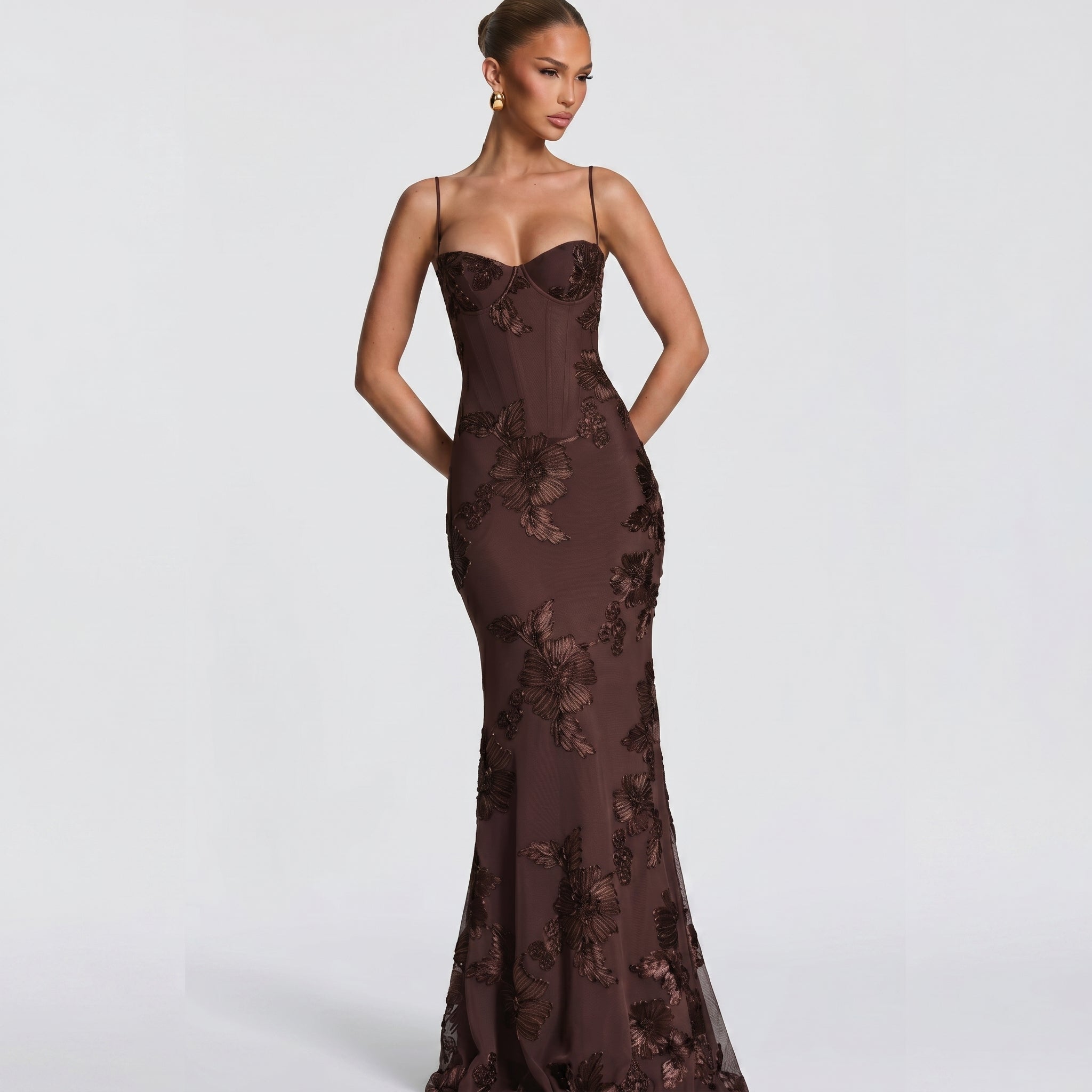 Lena - Women's Wedding Guest Floral Sequin Maxi Dress - Maxi Dress - Brown - Taylor & Bennett