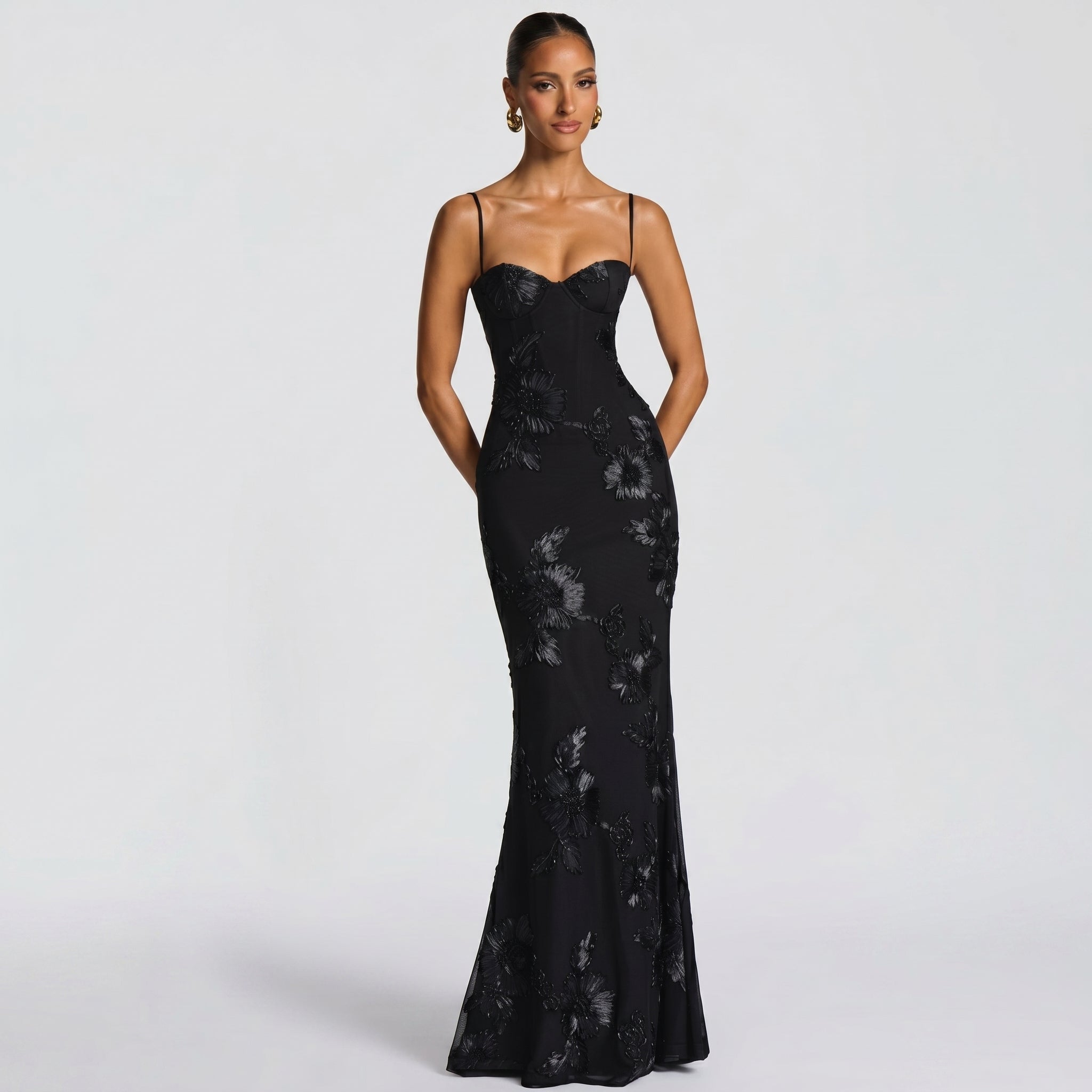 Lena - Women's Wedding Guest Floral Sequin Maxi Dress - Maxi Dress - Black - Taylor & Bennett
