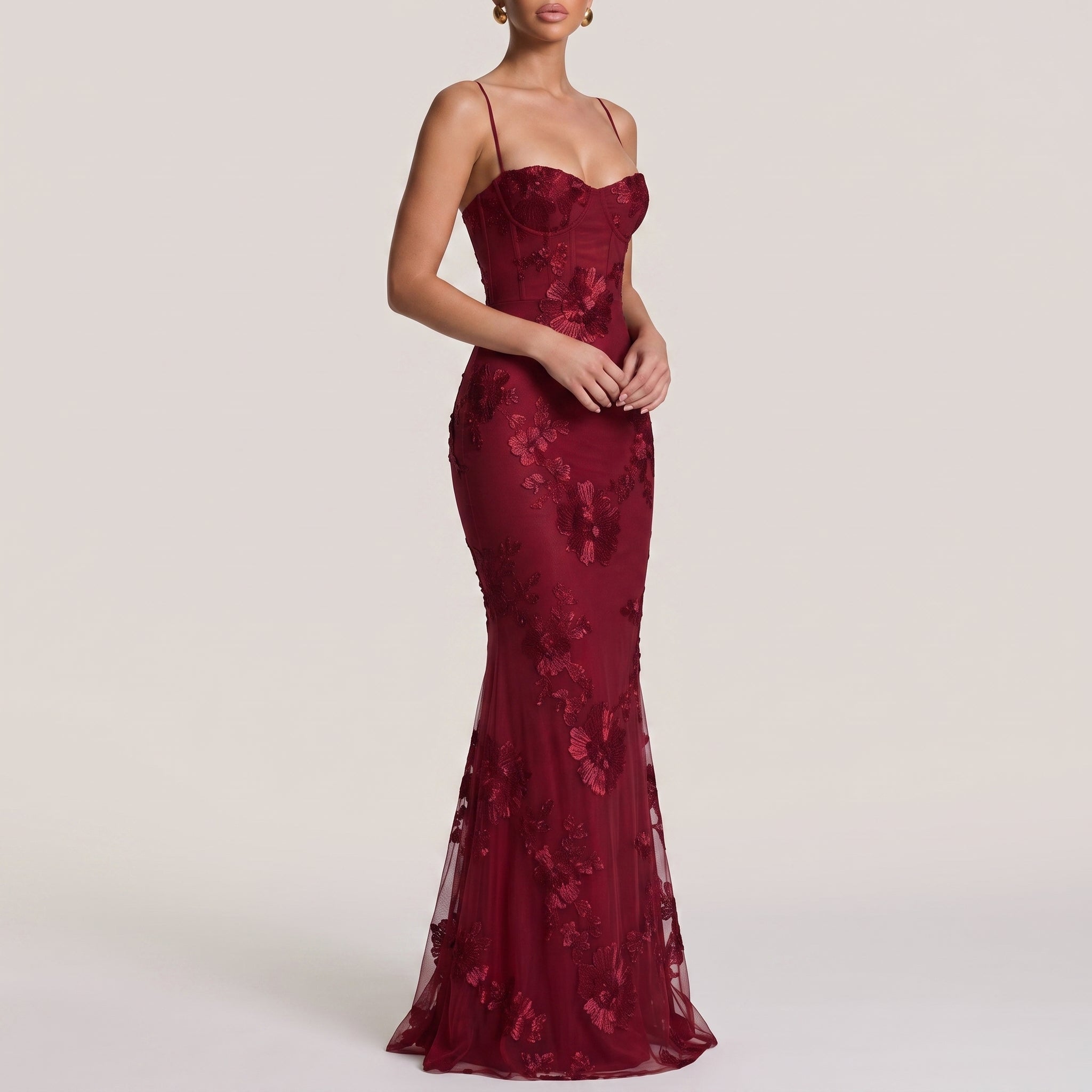 Lena - Women's Wedding Guest Floral Sequin Maxi Dress - Maxi Dress - Burgundy - Taylor & Bennett