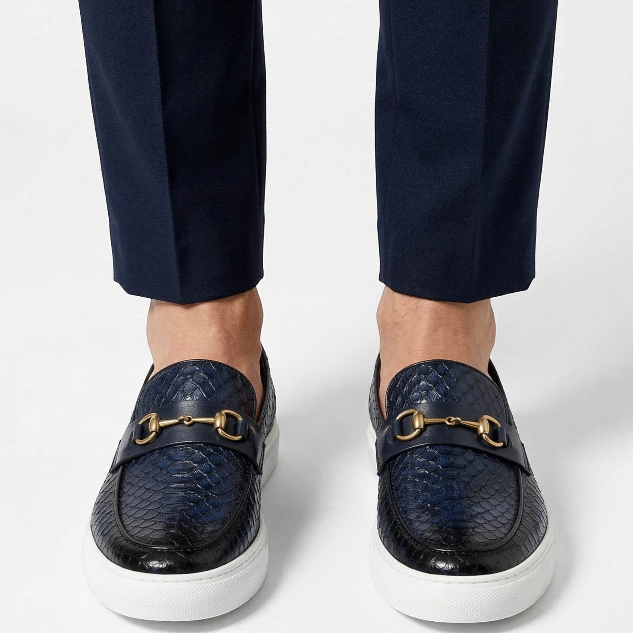 Leo - Men's Textured Loafers with Buckle Detail - Loafers - Navy Blue - Taylor & Bennett
