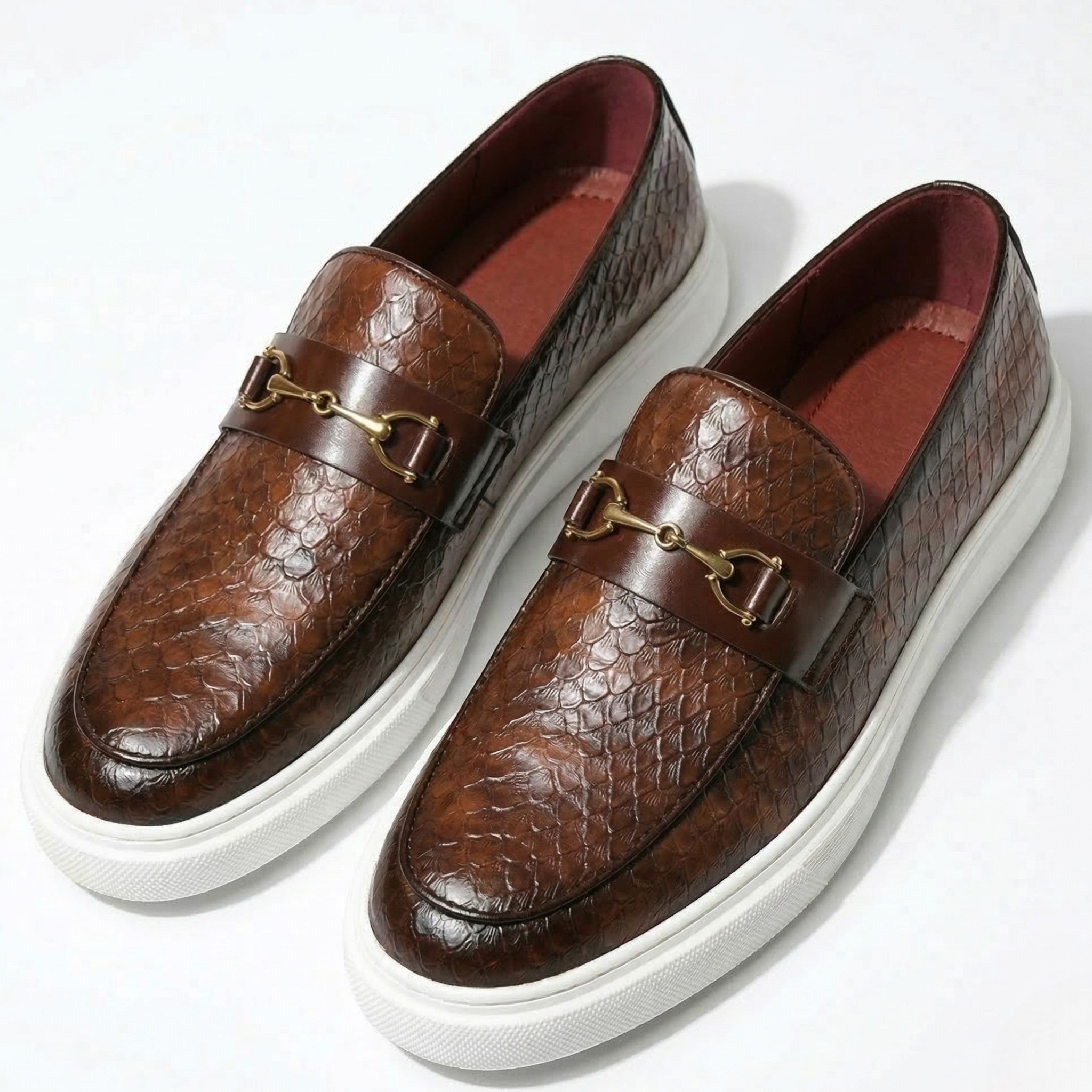 Leo - Men's Textured Loafers with Buckle Detail - Loafers - Brown - Taylor & Bennett