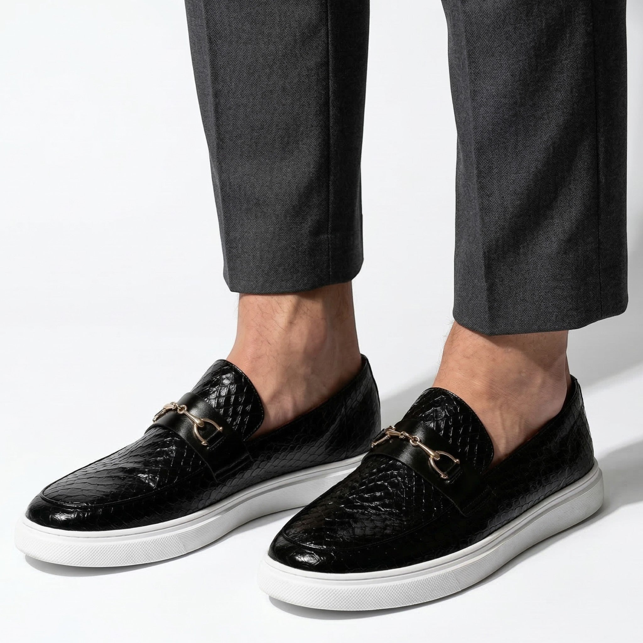 Leo - Men's Textured Loafers with Buckle Detail - Loafers - Black - Taylor & Bennett