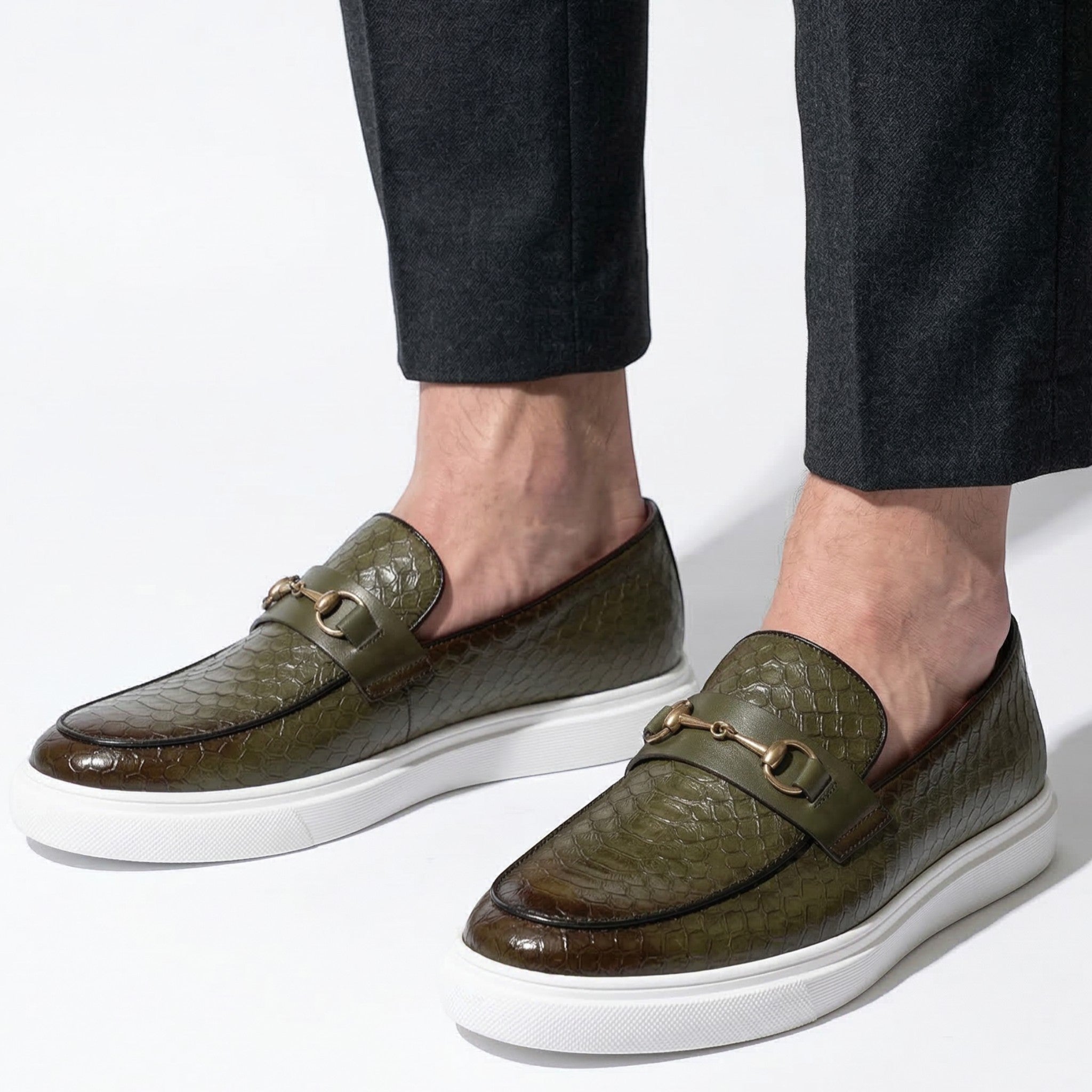 Leo - Men's Textured Loafers with Buckle Detail - Loafers - Mint Green - Taylor & Bennett