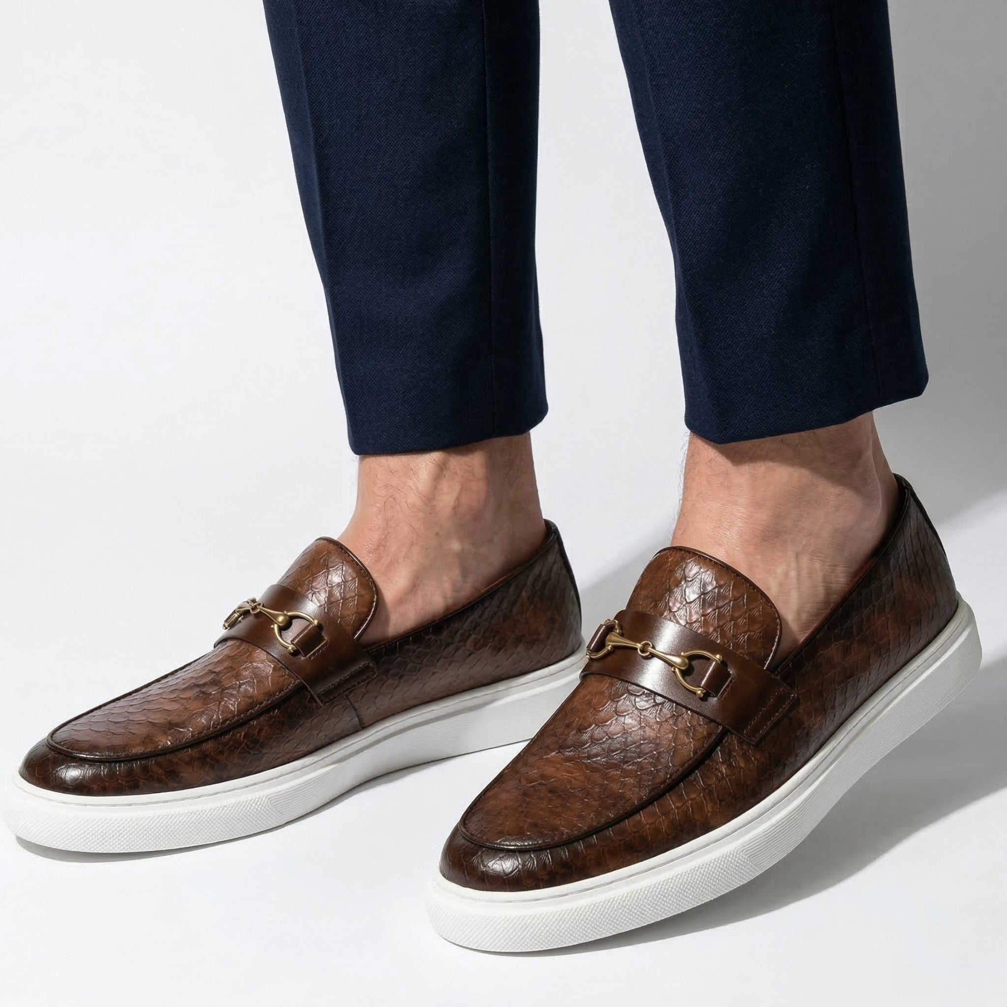 Leo - Men's Textured Loafers with Buckle Detail - Loafers - Brown - Taylor & Bennett