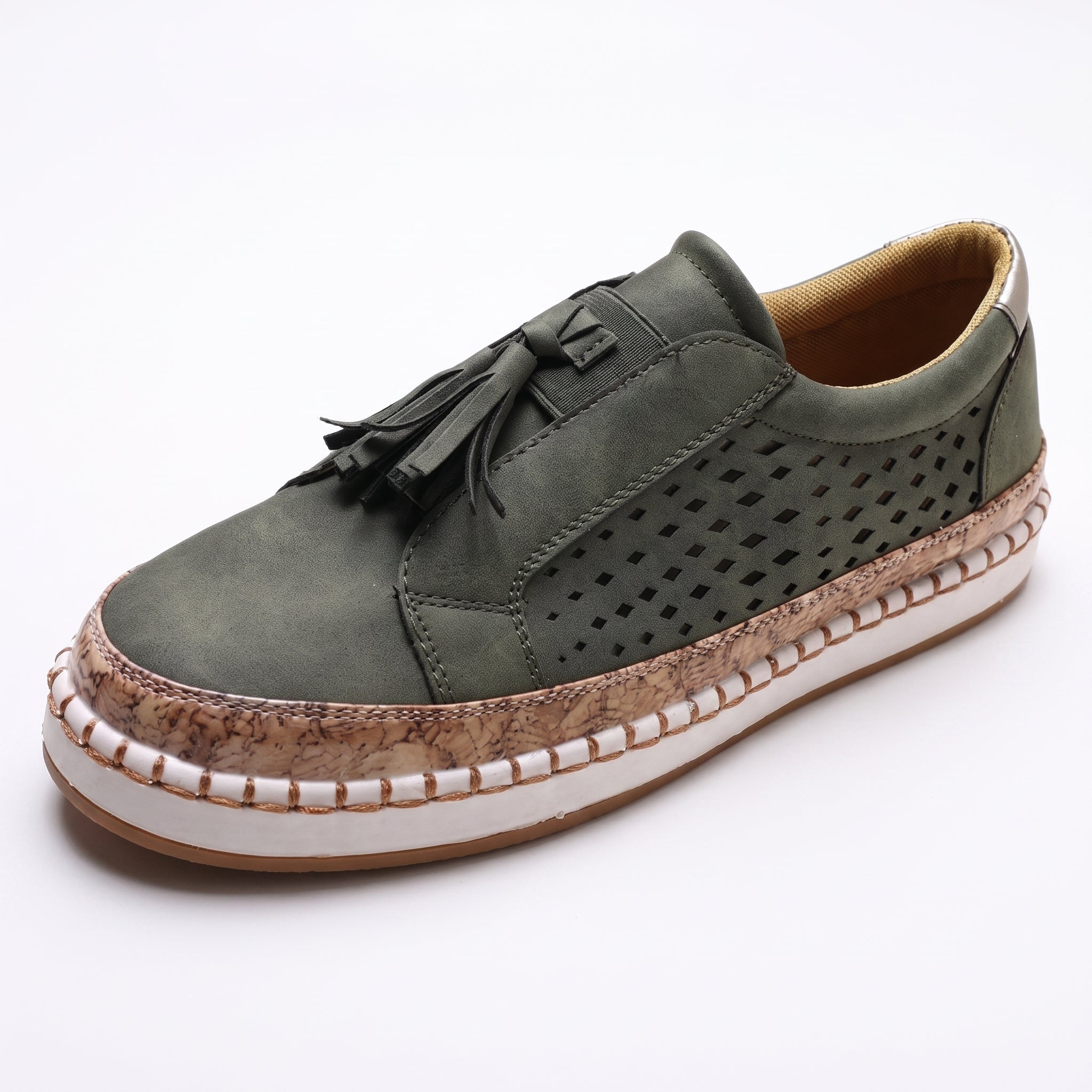 Leonie – Women's Orthopaedic Tassel Detail Slip-On Trainers - Flats - Green - Taylor & Bennett