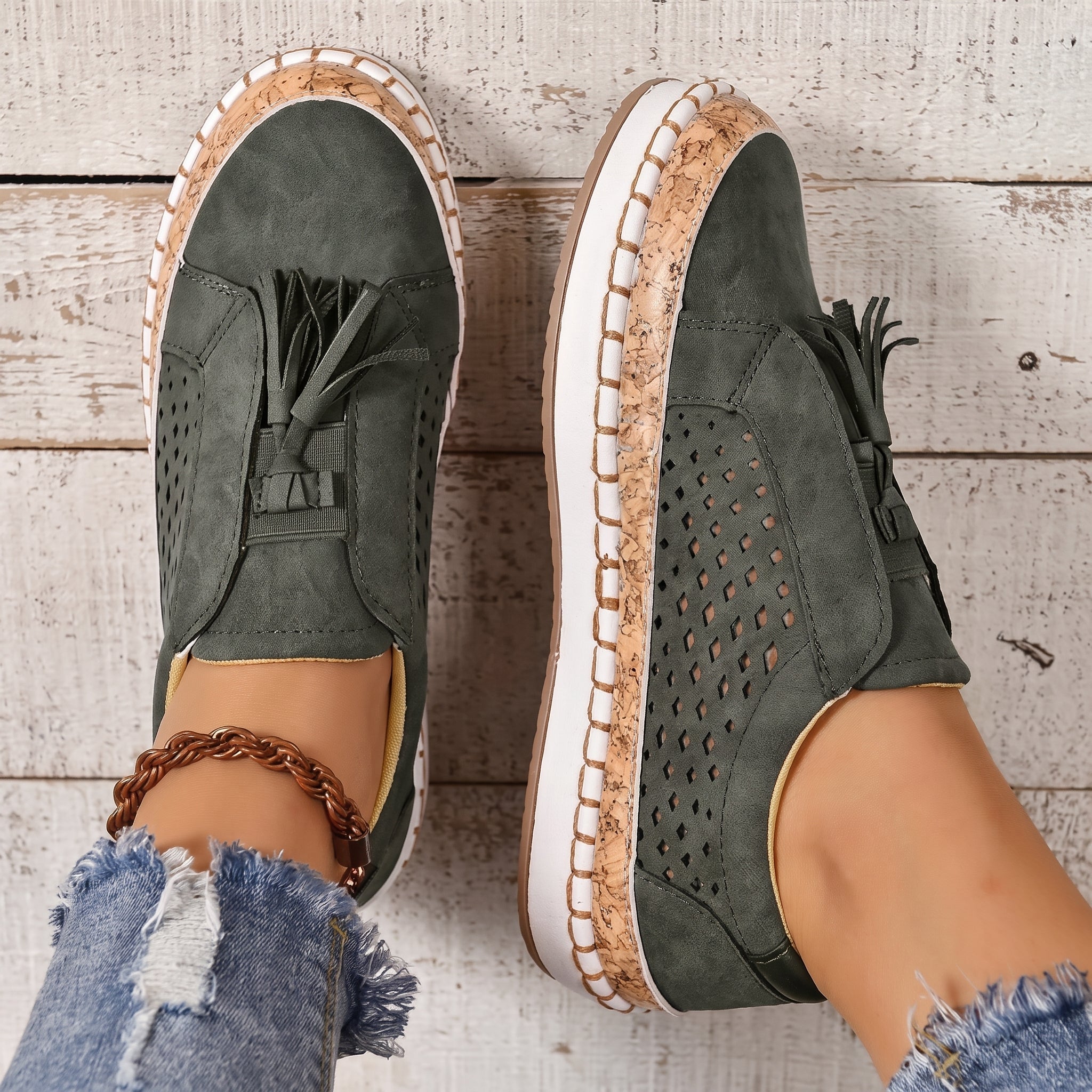 Leonie – Women's Orthopaedic Tassel Detail Slip-On Trainers - Flats - Green - Taylor & Bennett