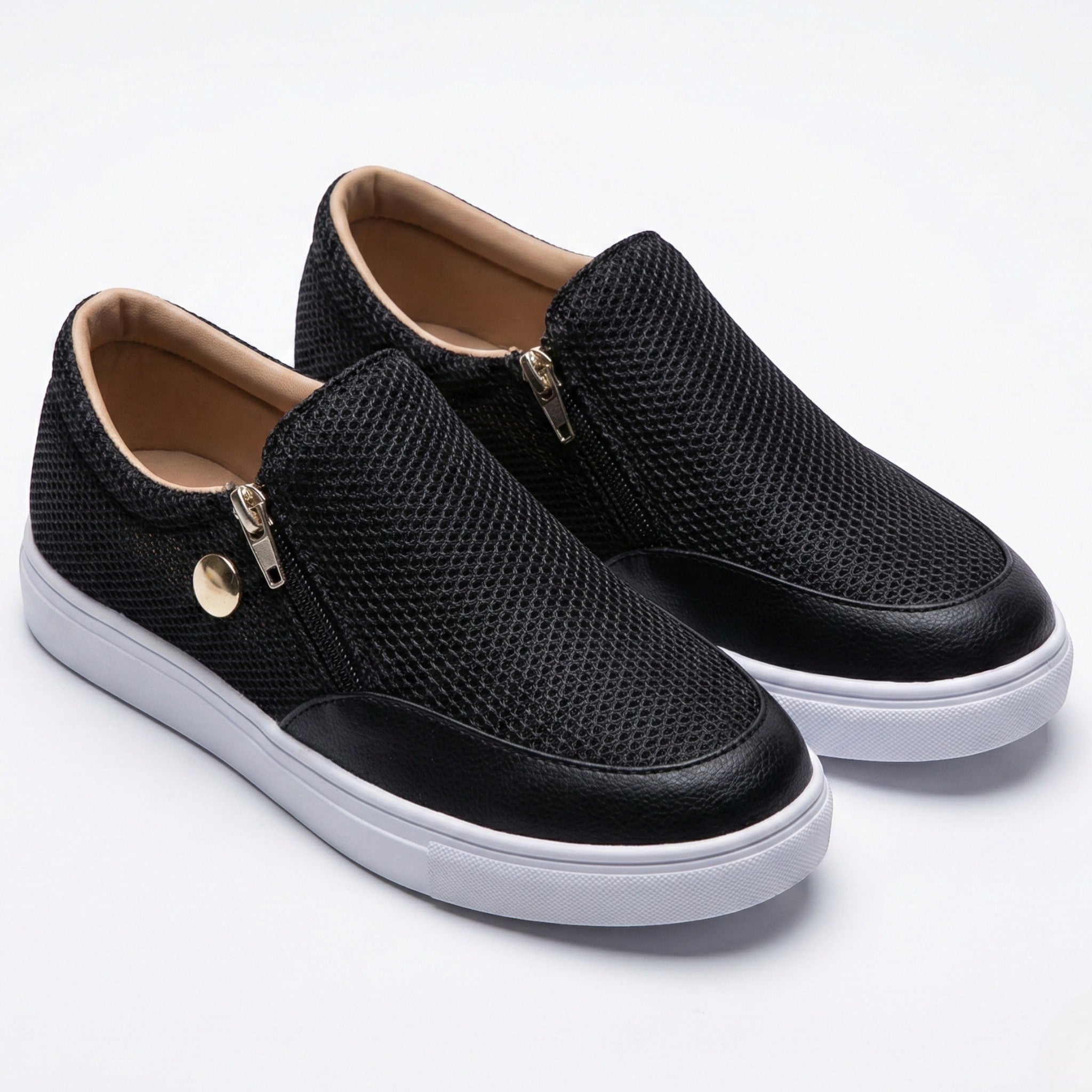 Liana - Women's Breathable Zip - Up Trainers with Textured Finish - Orthopedic shoes - Black - Taylor & Bennett