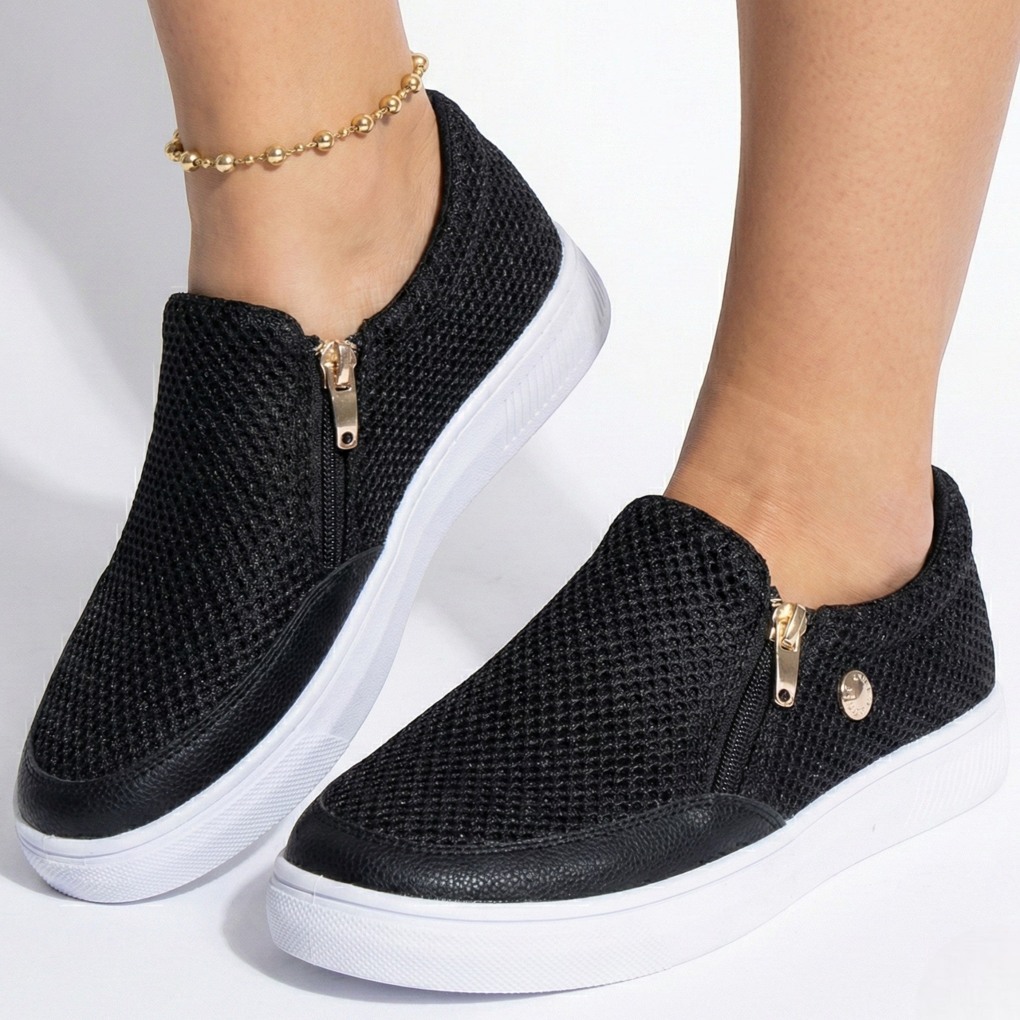 Liana - Women's Breathable Zip - Up Trainers with Textured Finish - Orthopedic shoes - Black - Taylor & Bennett