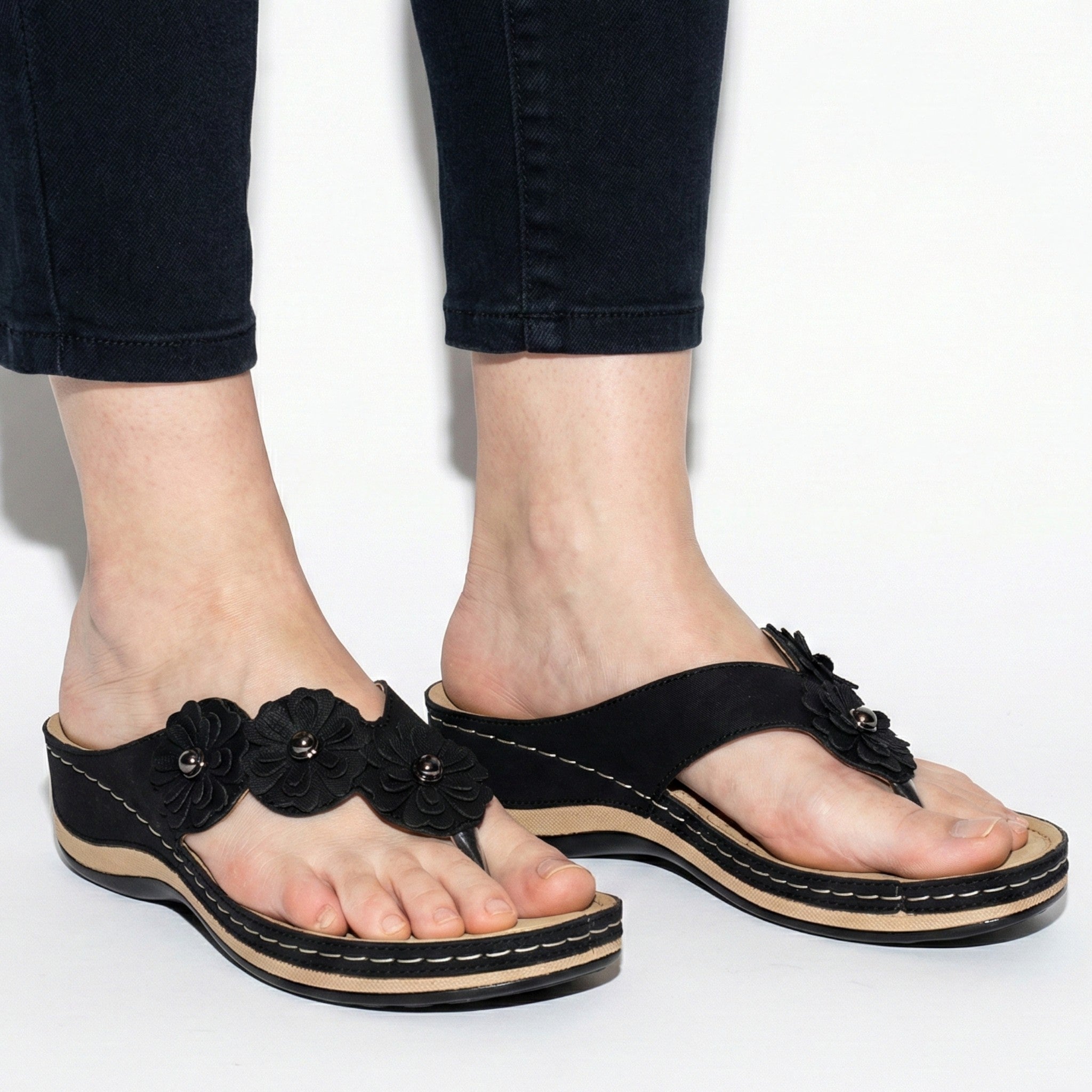 Liana - Women's Wedge Sandals with Floral Detail - Sandals - Black - Taylor & Bennett