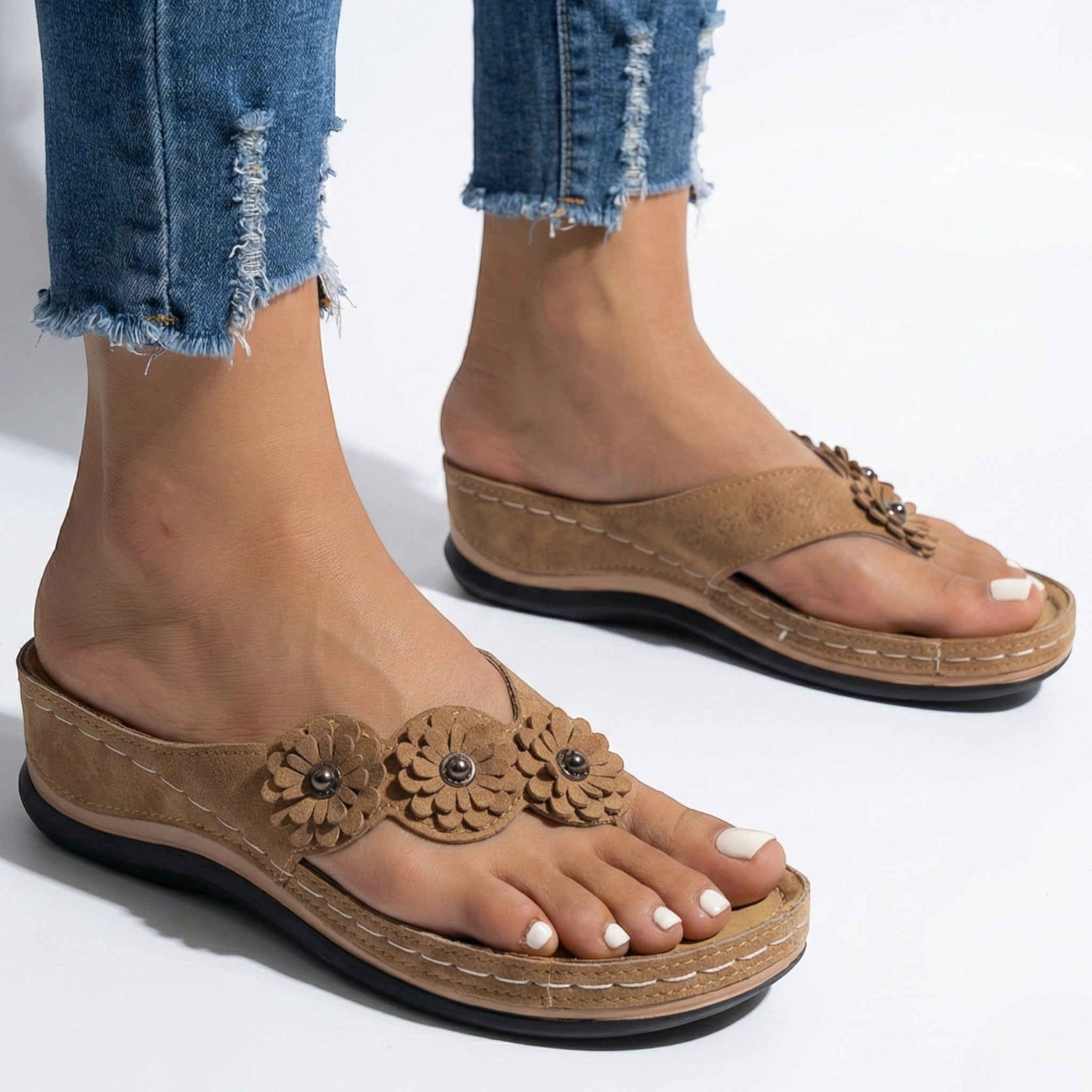 Liana - Women's Wedge Sandals with Floral Detail - Sandals - Brown - Taylor & Bennett