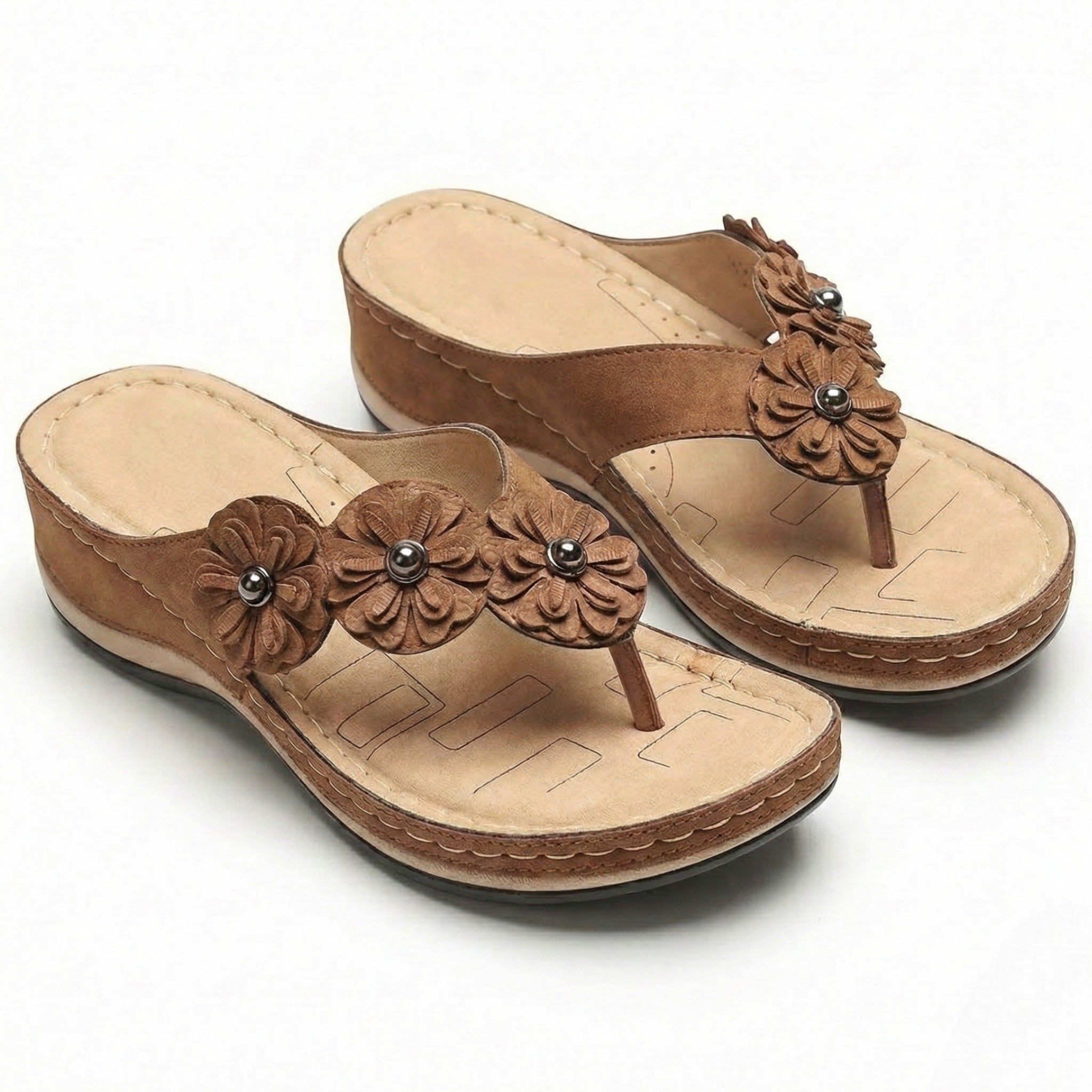 Liana - Women's Wedge Sandals with Floral Detail - Sandals - Brown - Taylor & Bennett
