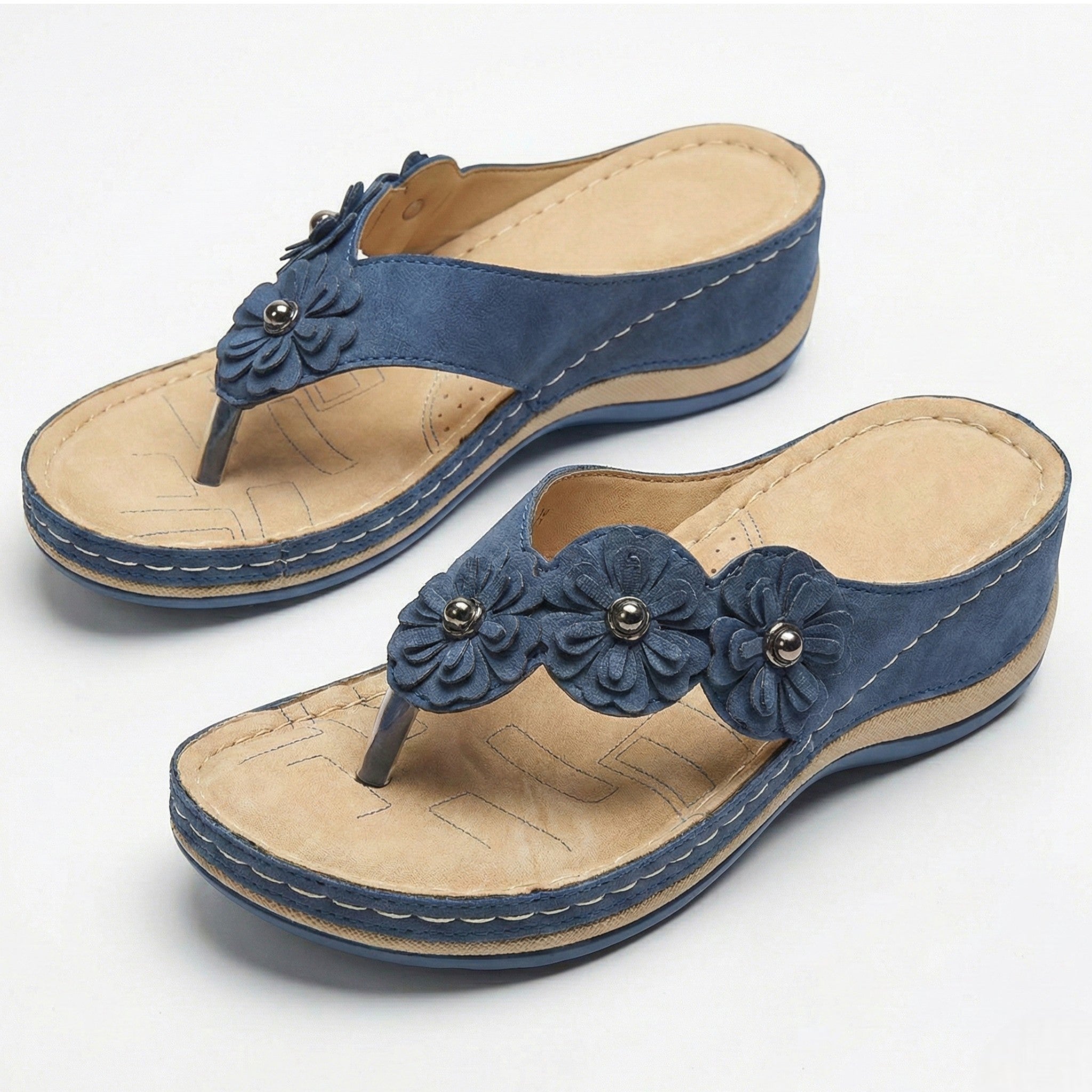 Liana - Women's Wedge Sandals with Floral Detail - Sandals - Blue - Taylor & Bennett