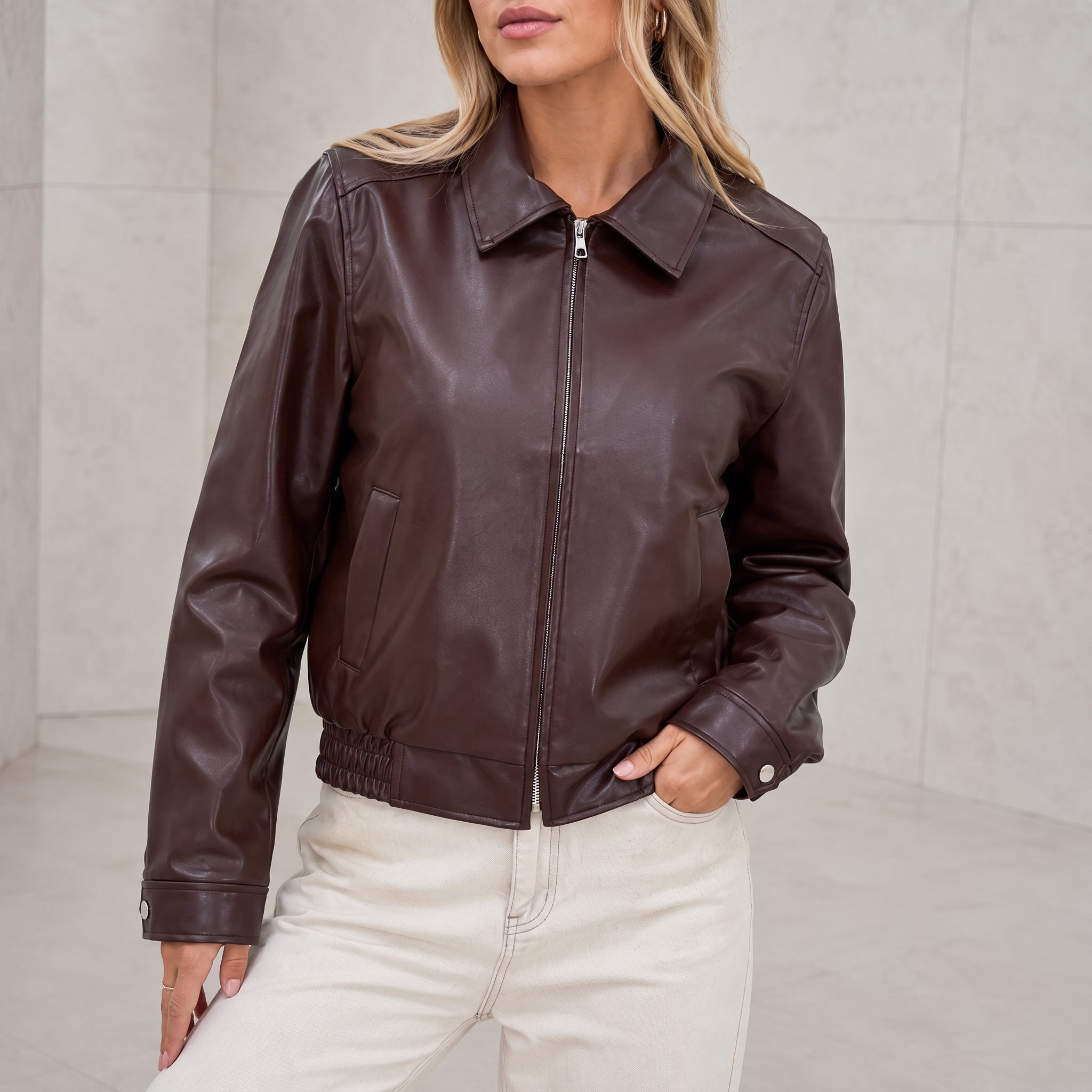 Liesel - Women's Zip-Through Collared Bomber Jacket - Bomber Jackets - Brown - Taylor & Bennett