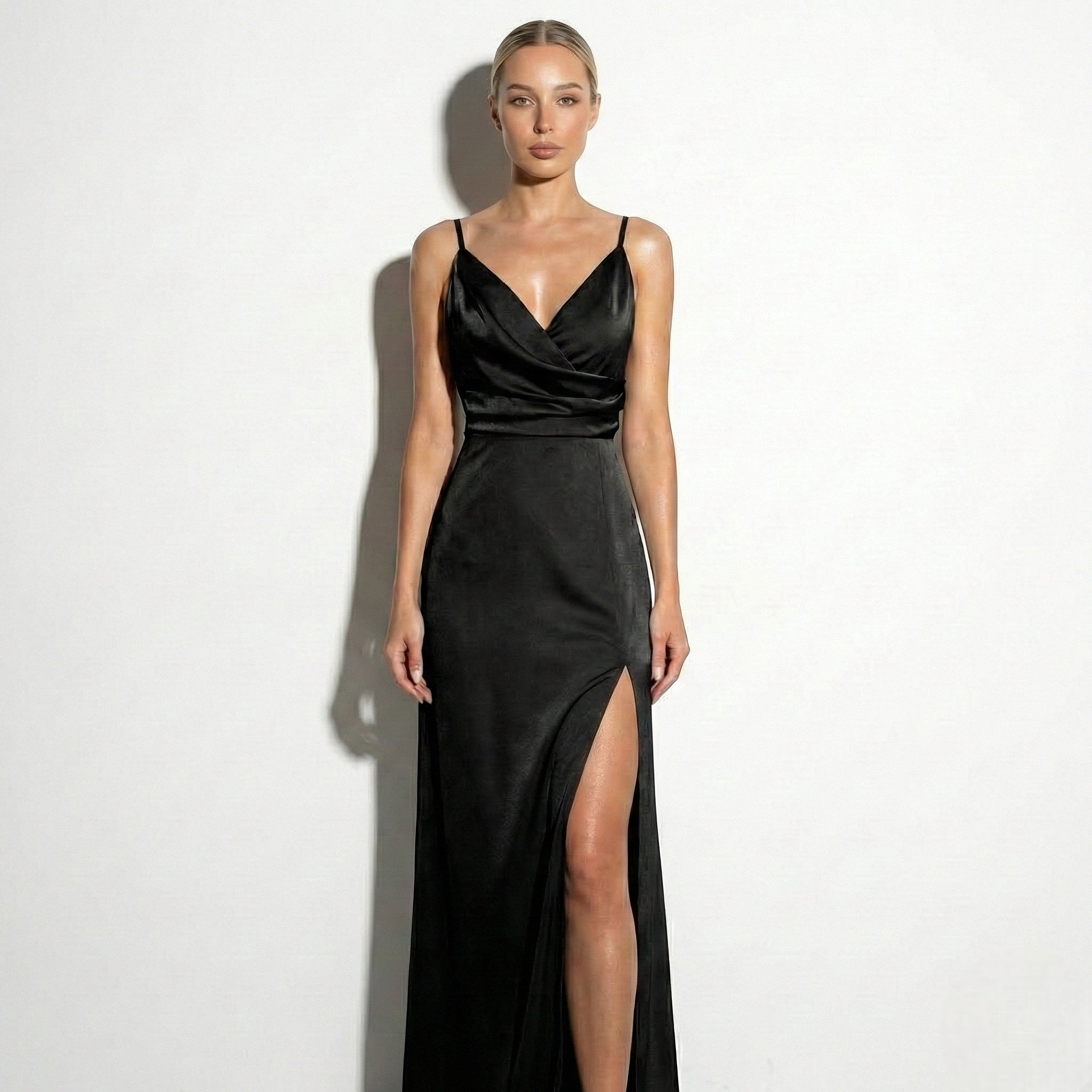 Lila - Women's Spaghetti Strap Wrap Maxi Dress with Side Slit - Dresses - Black - Taylor & Bennett