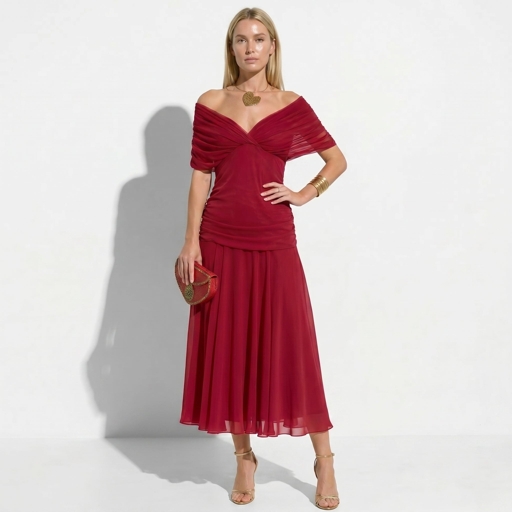Lily - Women's Evening Ruched Maxi Dress - Dress - Red - Taylor & Bennett
