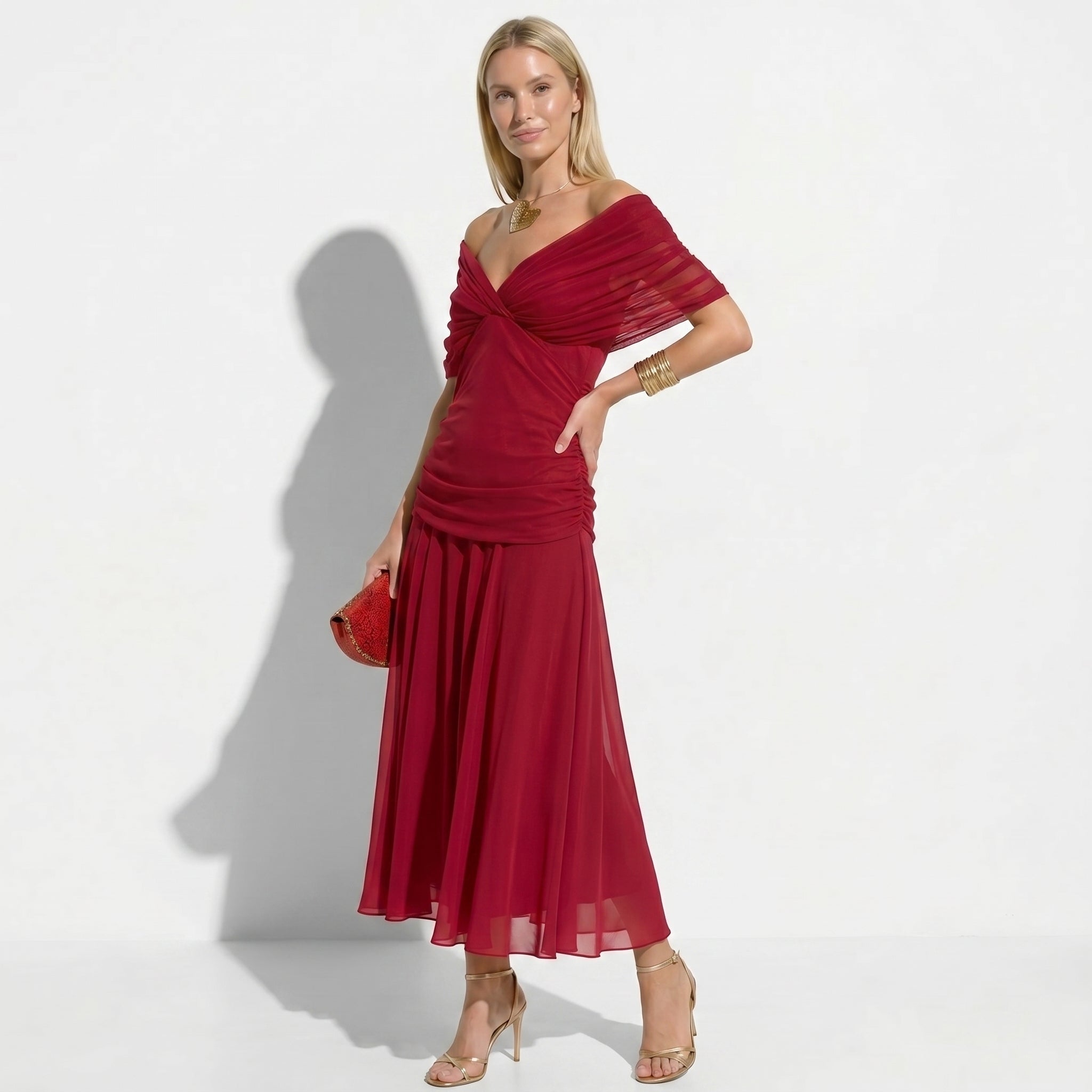 Lily - Women's Evening Ruched Maxi Dress - Dress - Red - Taylor & Bennett