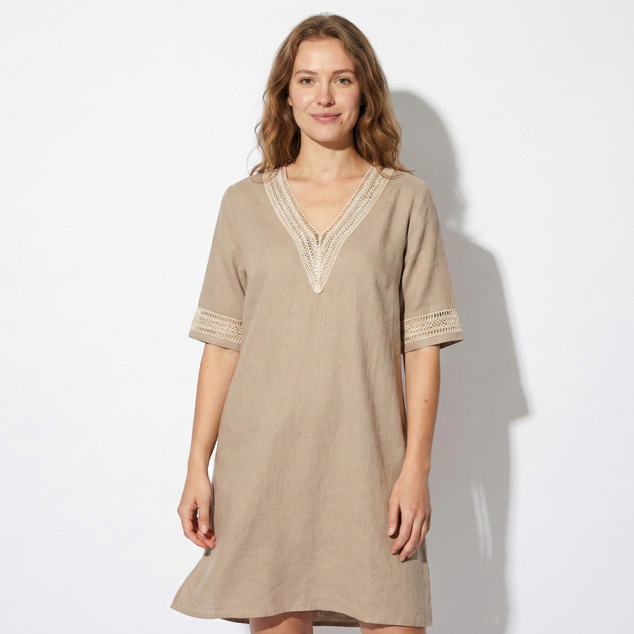 Lily - Women's Mini Dress with Crochet Trim - Dress - Grey - Taylor & Bennett