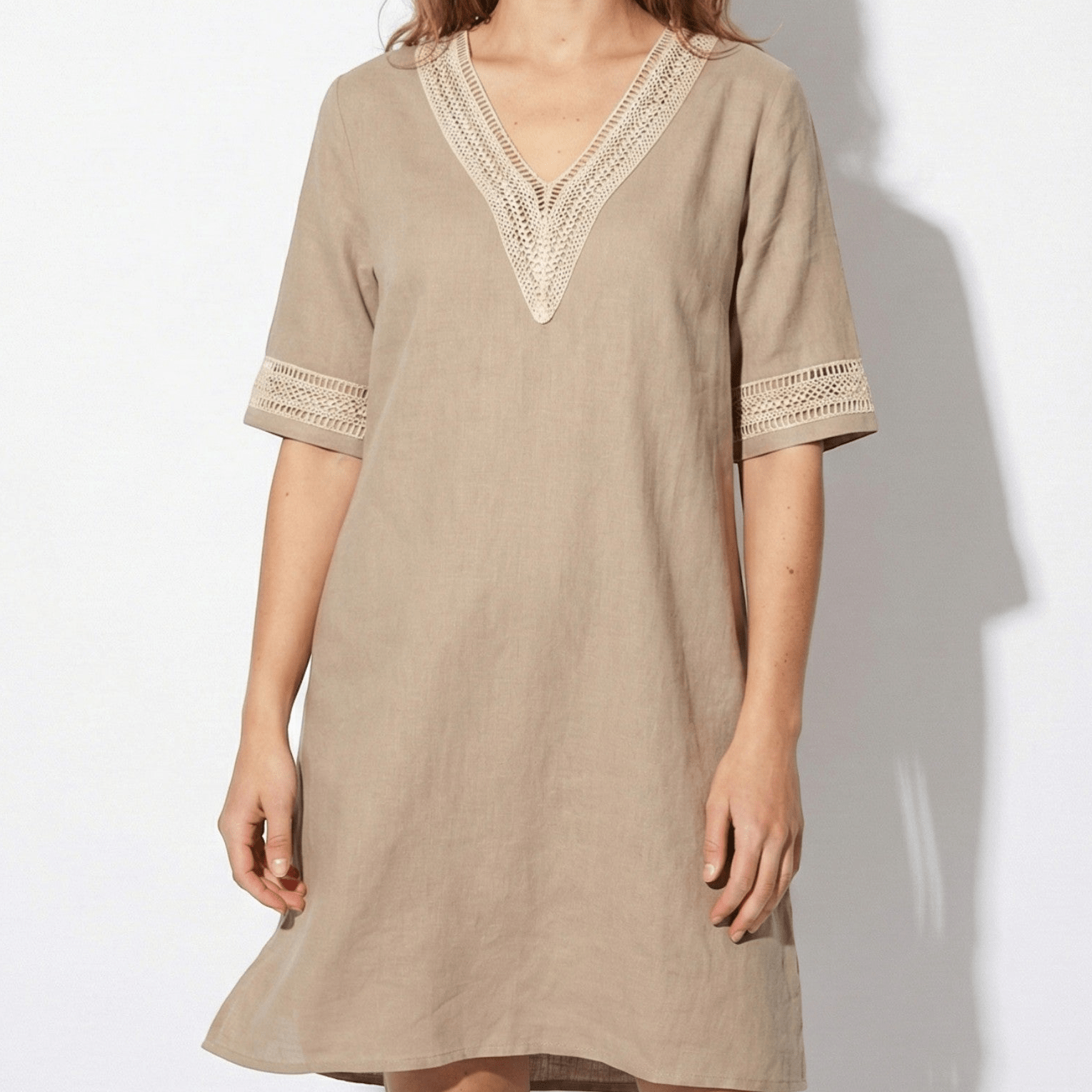Lily - Women's Mini Dress with Crochet Trim - Dress - Grey - Taylor & Bennett