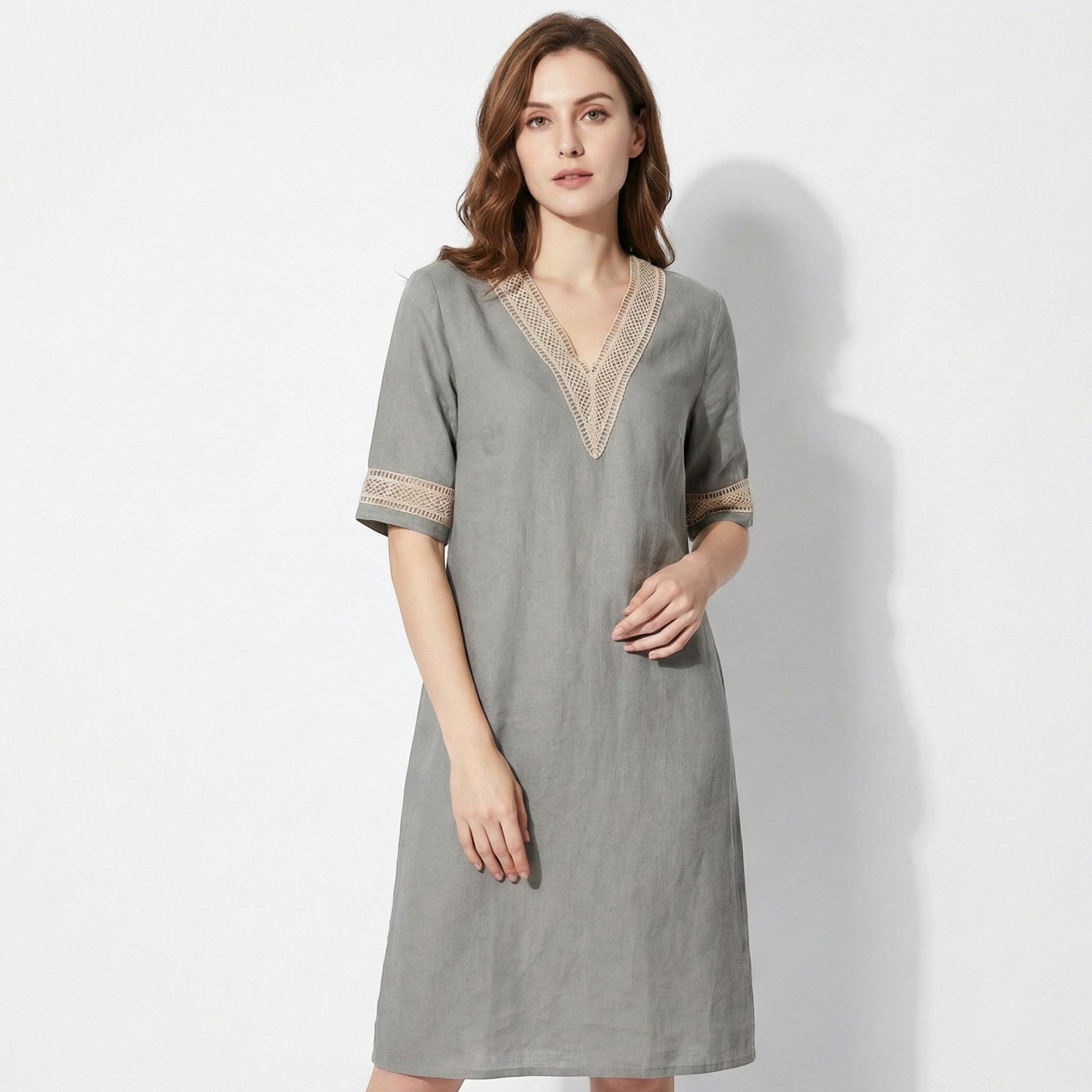 Lily - Women's Mini Dress with Crochet Trim - Dress - Khaki - Taylor & Bennett